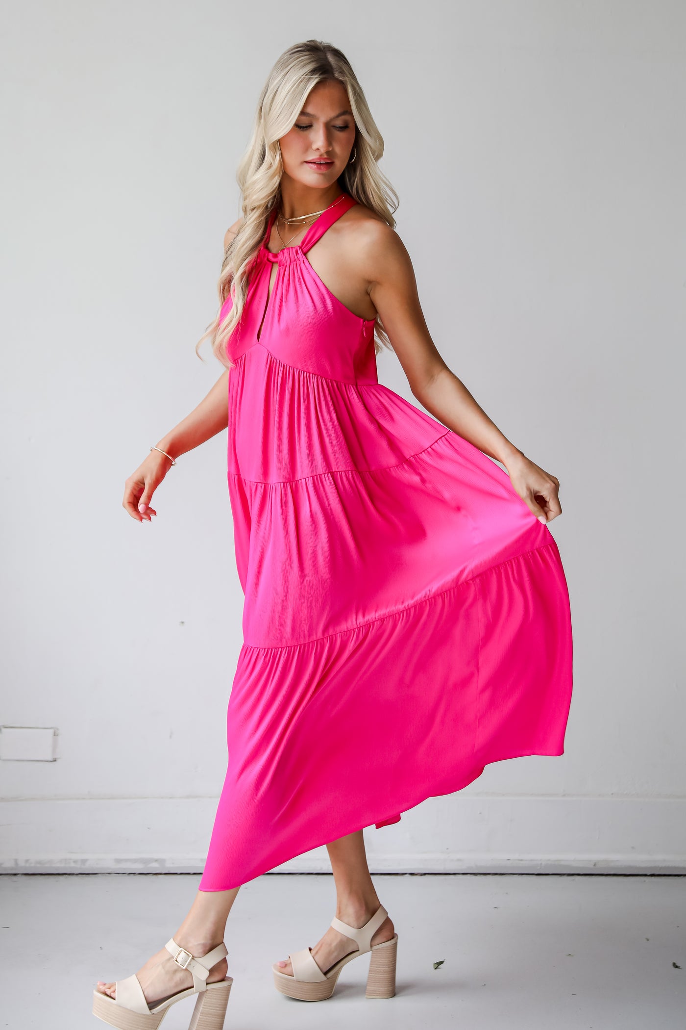 hot pink Satin Tiered Maxi Dress