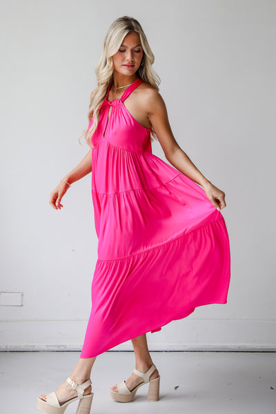 hot pink Satin Tiered Maxi Dress