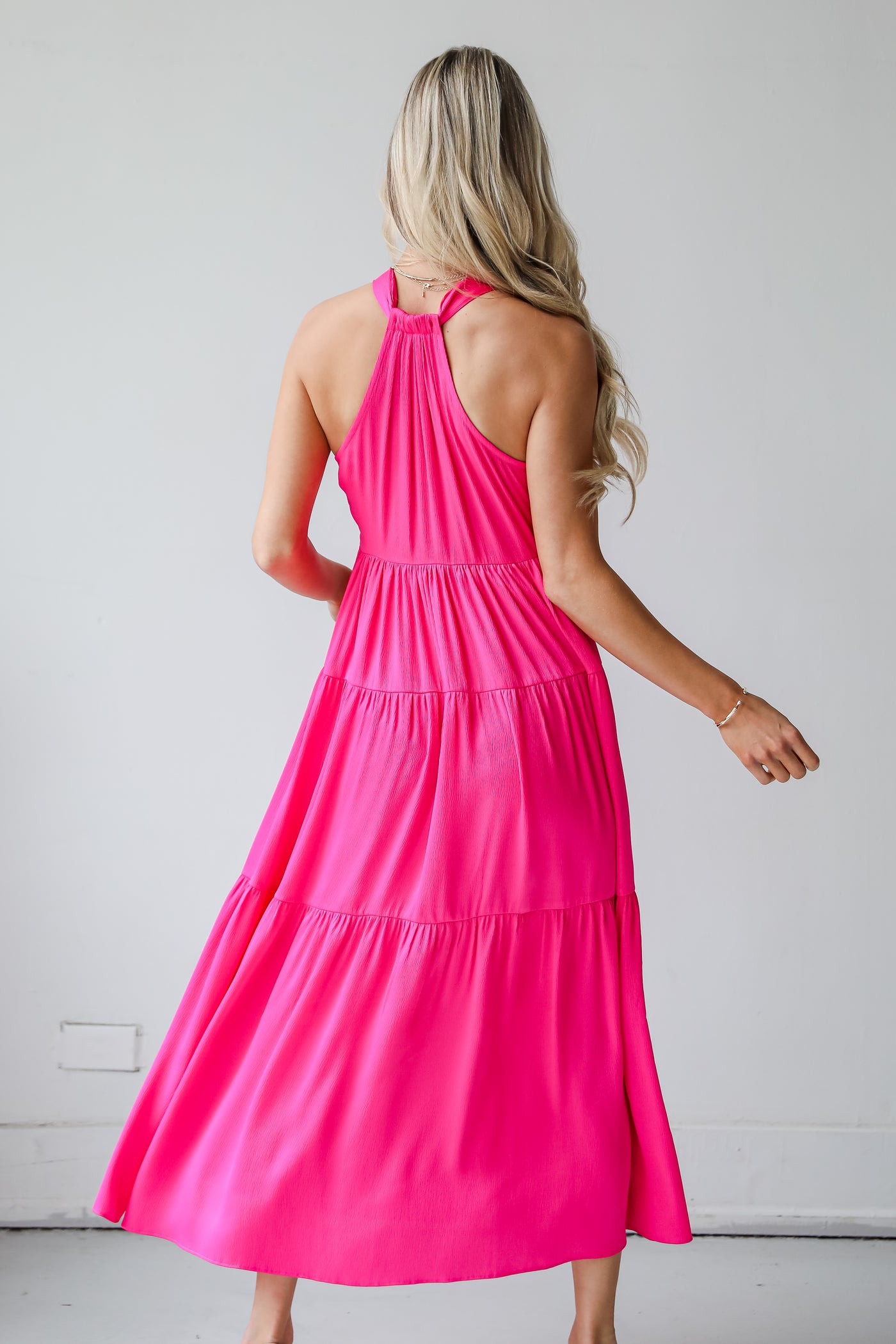 hot pink Satin Tiered Maxi Dress back view