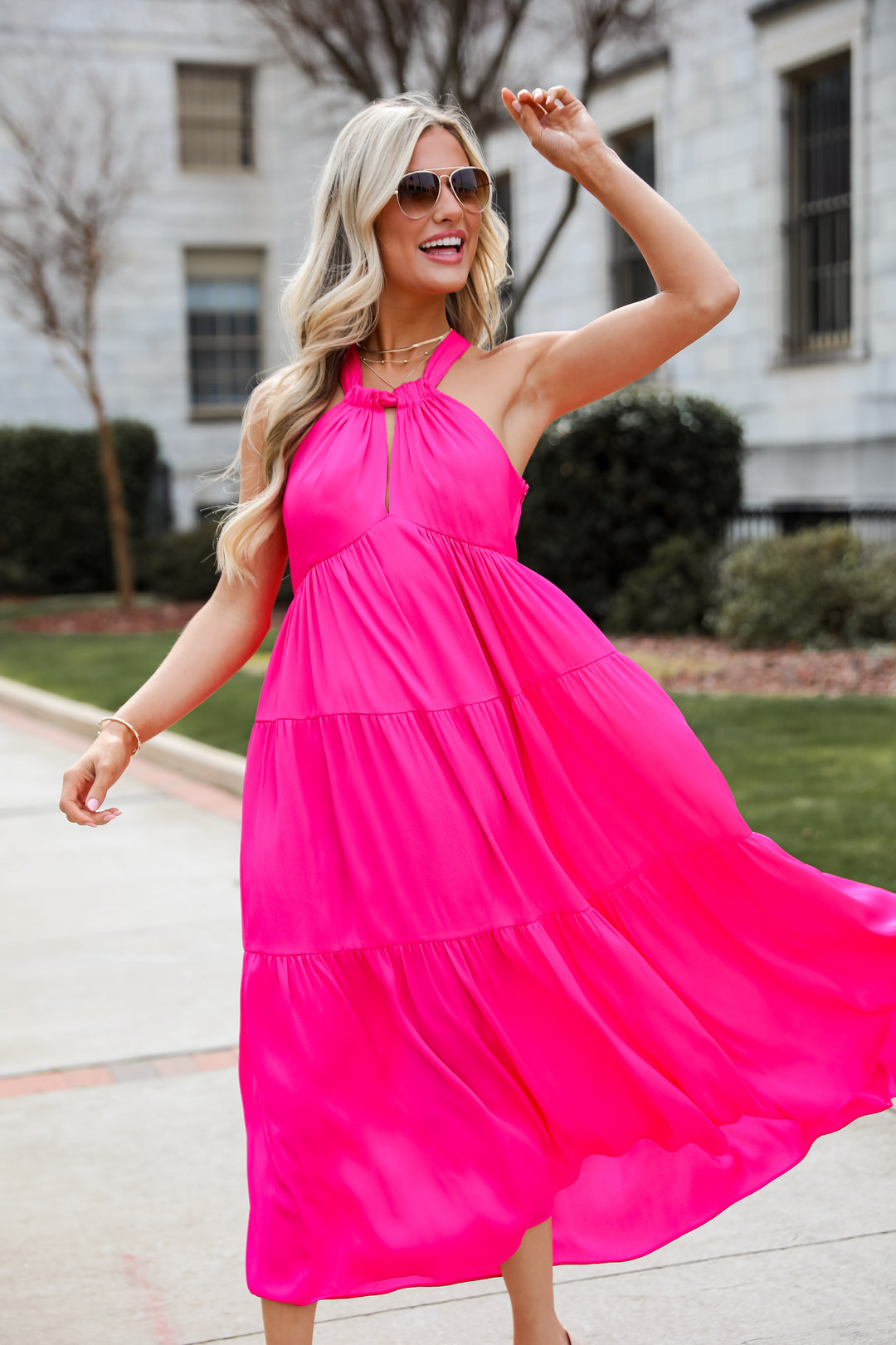 pink Satin Tiered Maxi Dress