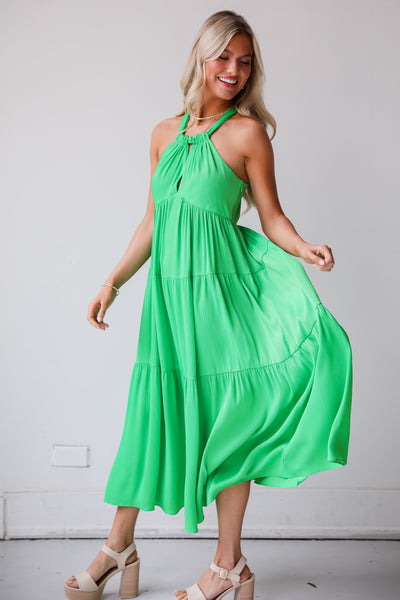 green Satin Tiered Maxi Dress for women