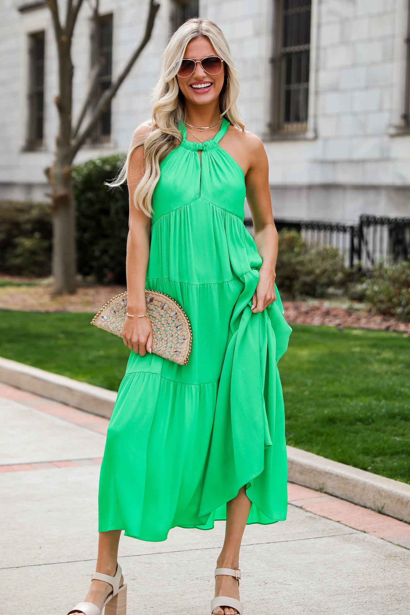 green Satin Tiered Maxi Dress