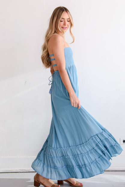 blue Smocked Halter Maxi Dress side view