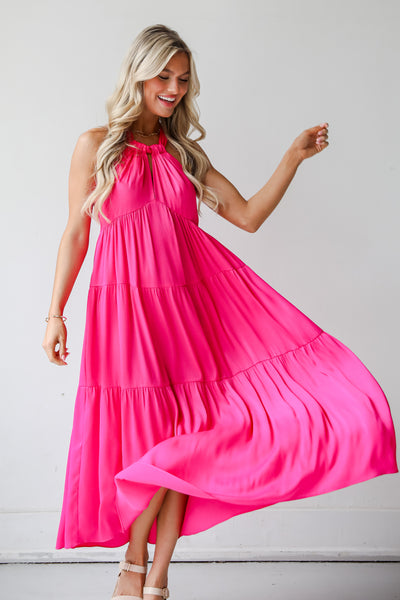pink Satin Tiered Maxi Dress for women