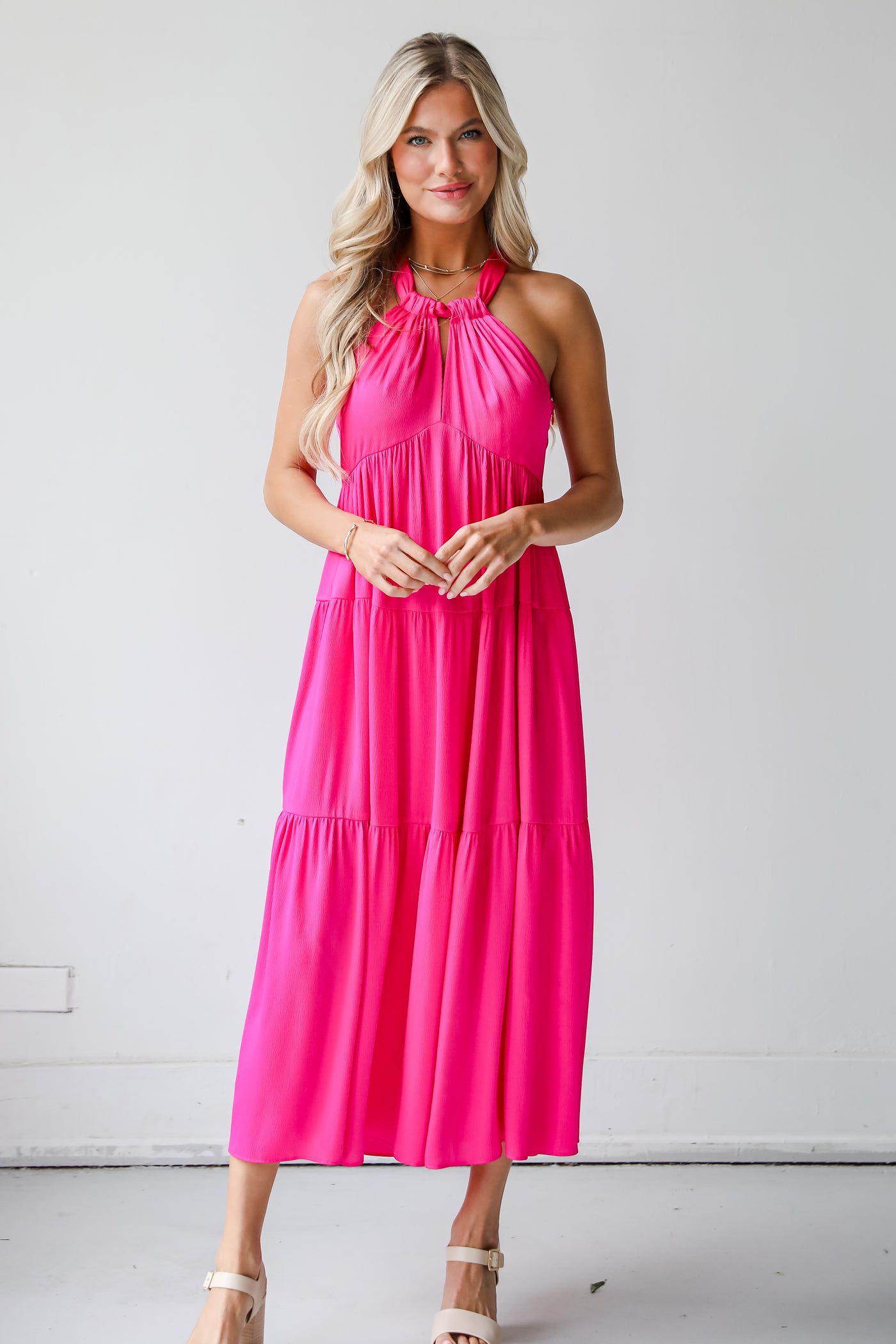 cute pink Satin Tiered Maxi Dress