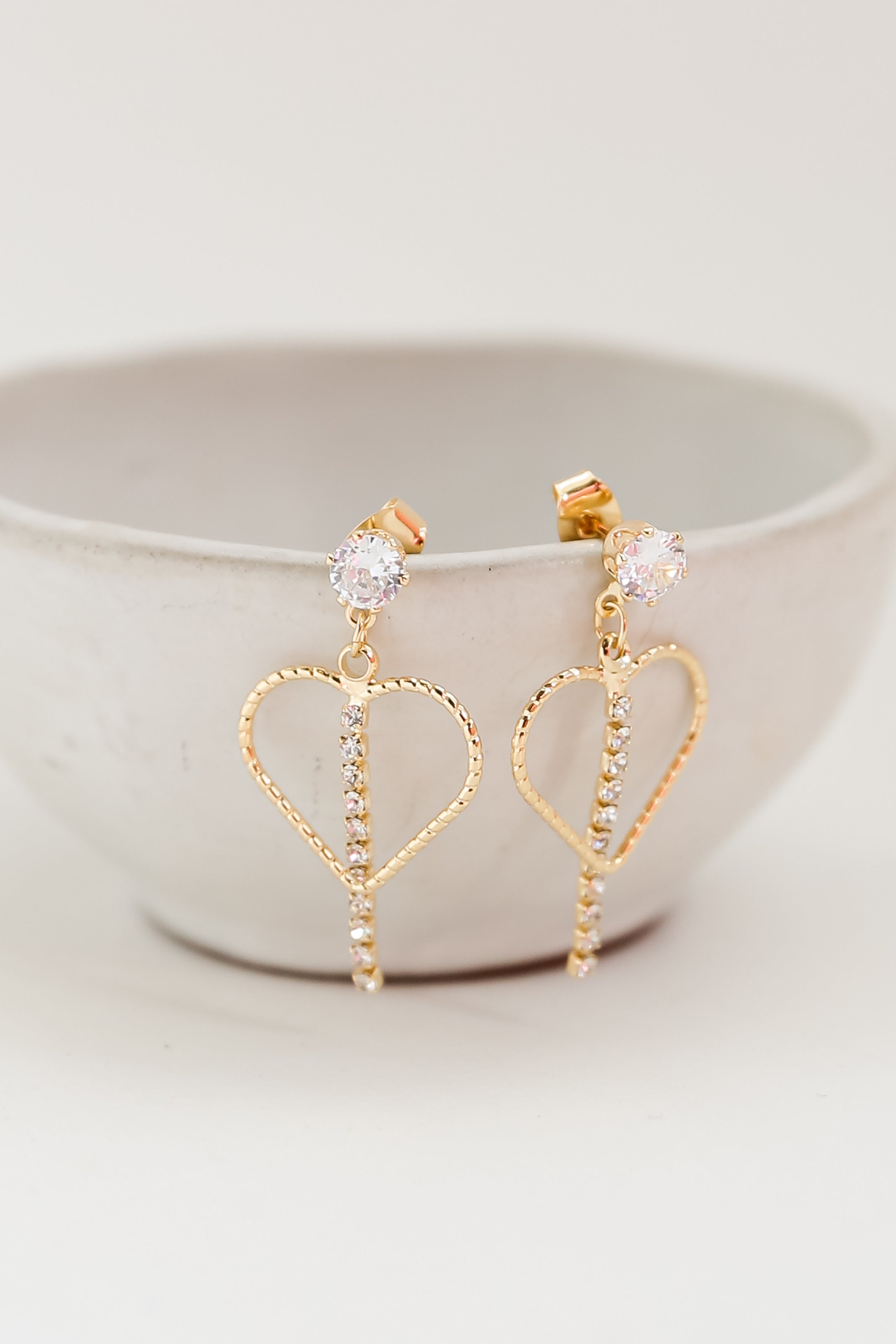 Gold Rhinestone Heart Drop Earrings