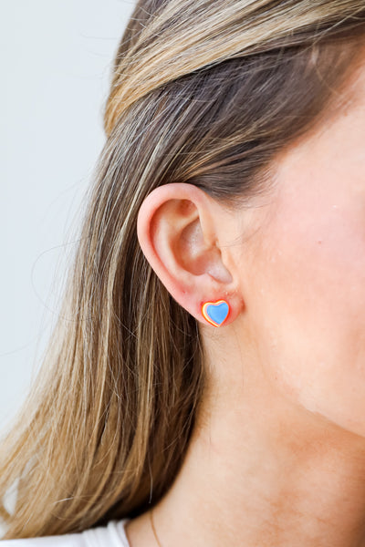 blue Heart Stud Earrings on model