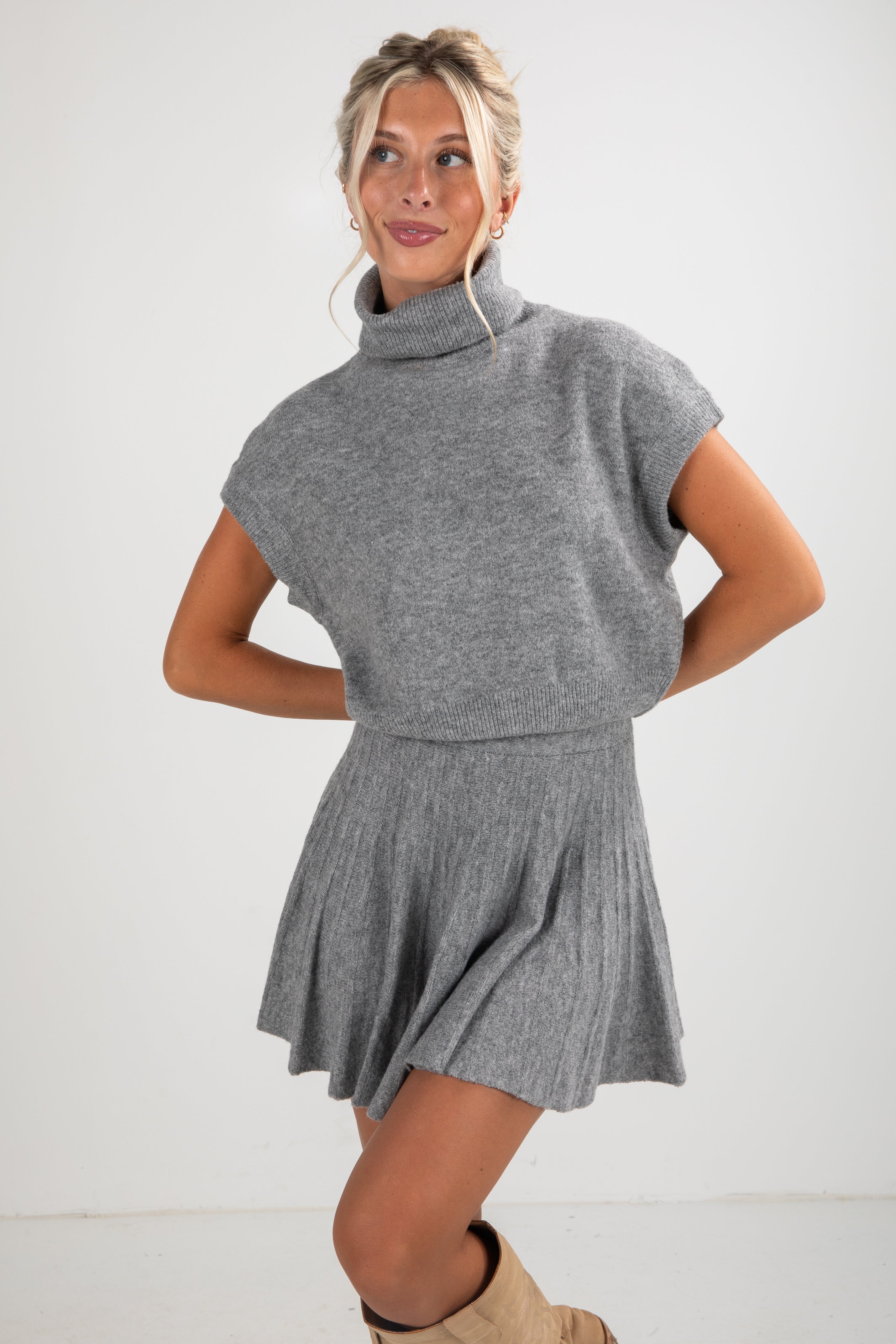 Cute Heather Grey Knit Mini Skirt | Matching 2-Piece Sets