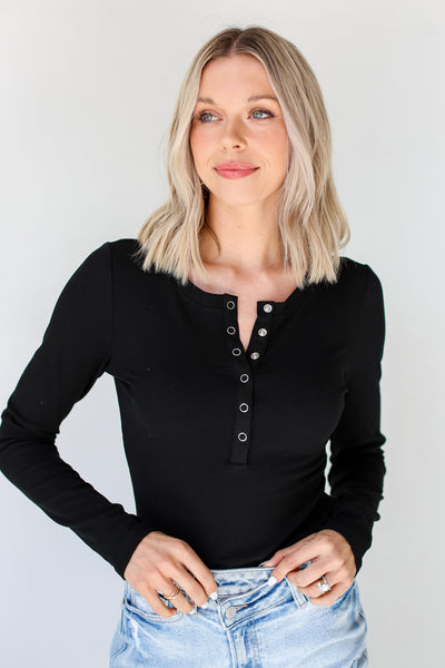 black Ribbed Henley Bodysuit front view