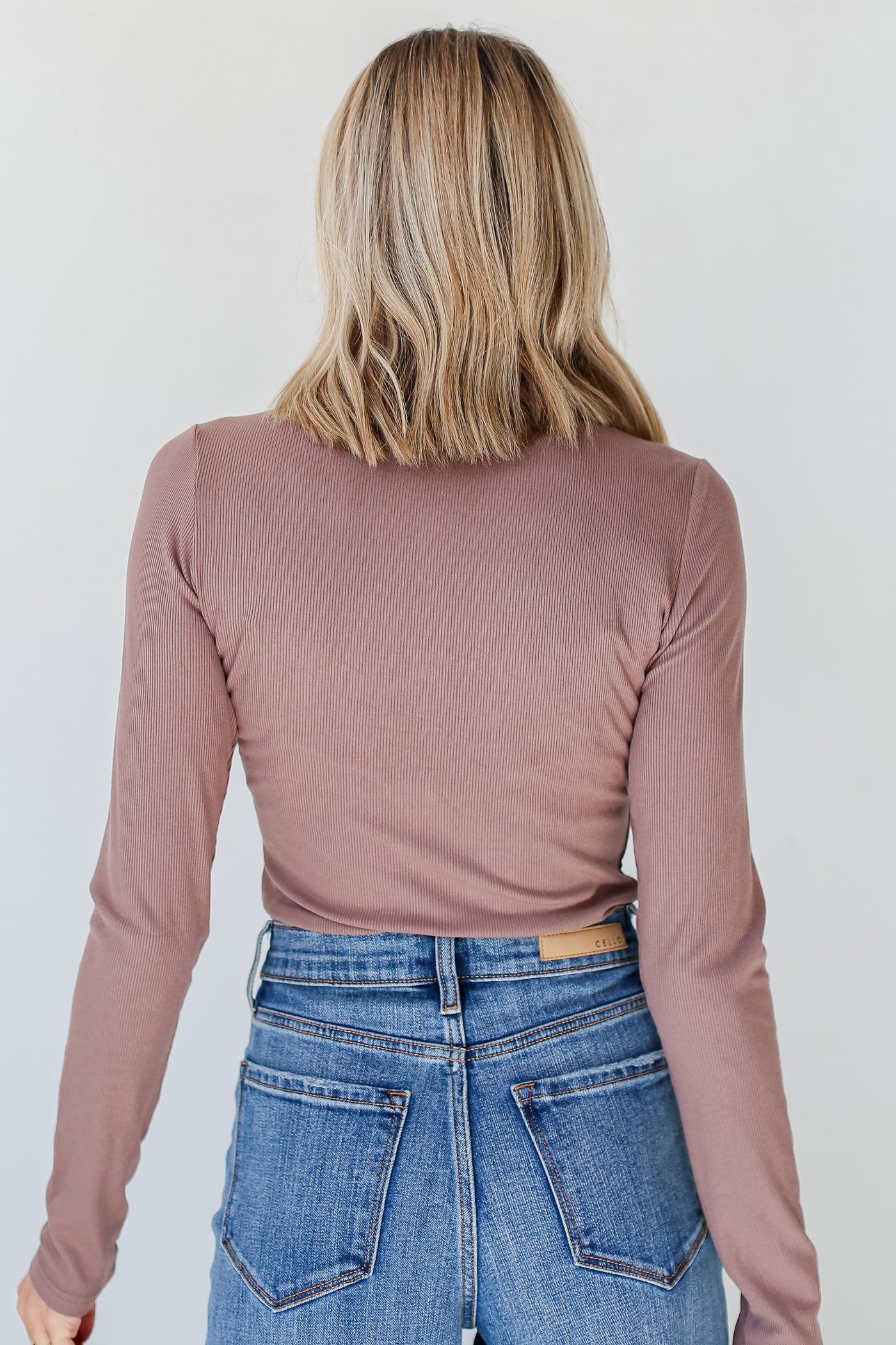 brown Ribbed Henley Bodysuit back view