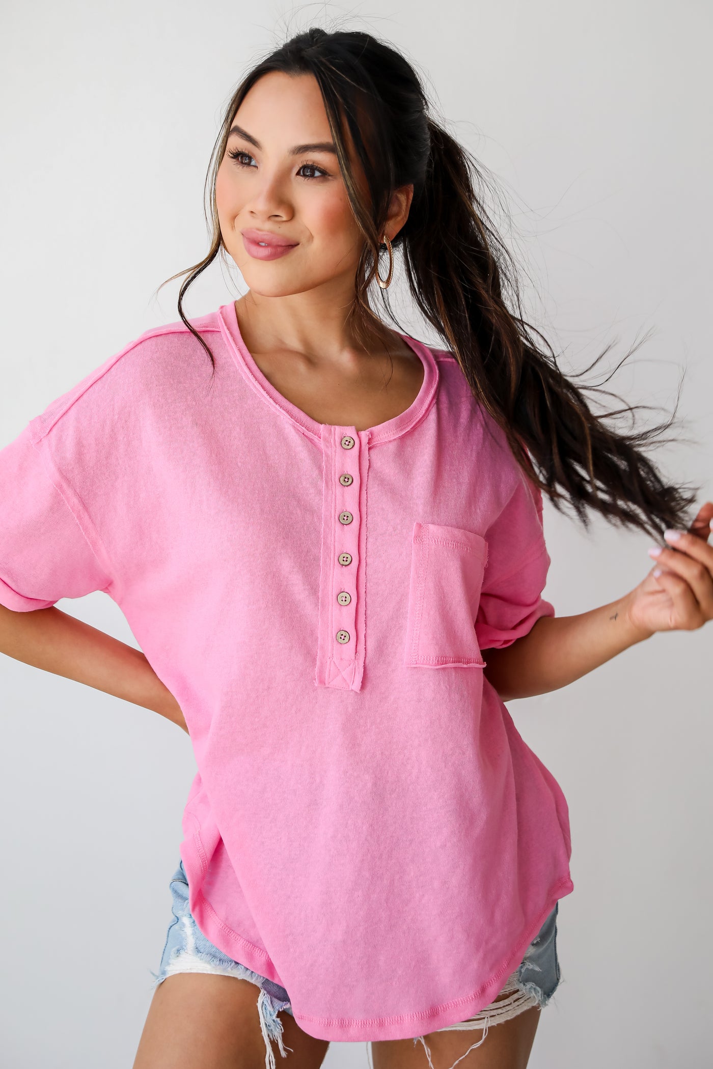 Women's Pink Henley Tee. An Online Boutique. Button Up. Shopdressup