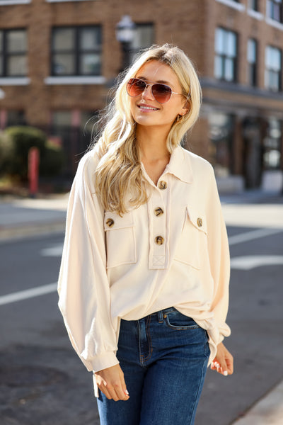 cream Knit Collared Henley Top