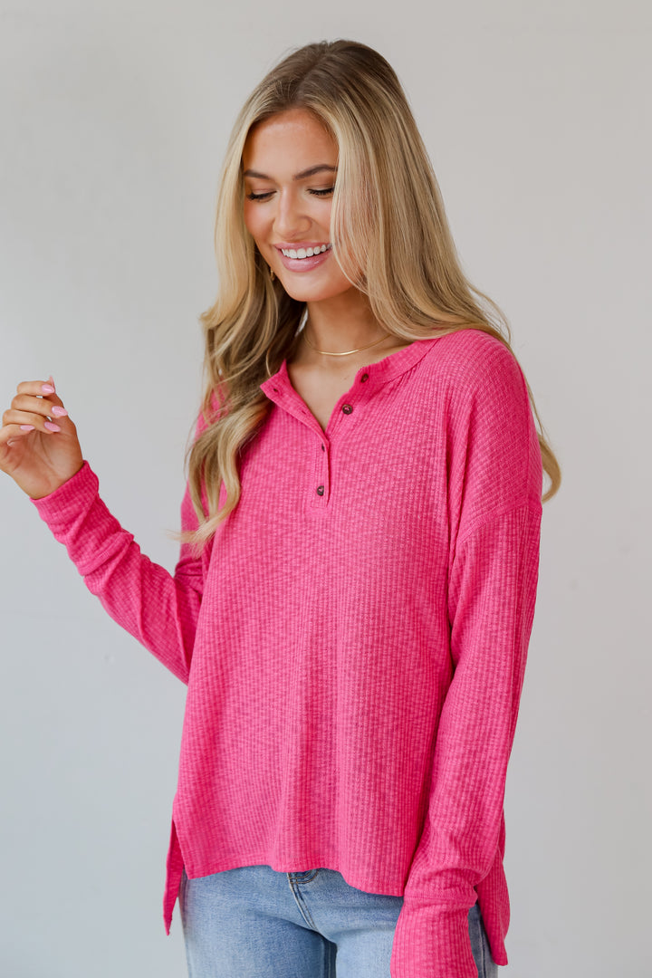 hot pink Knit Henley Top front view