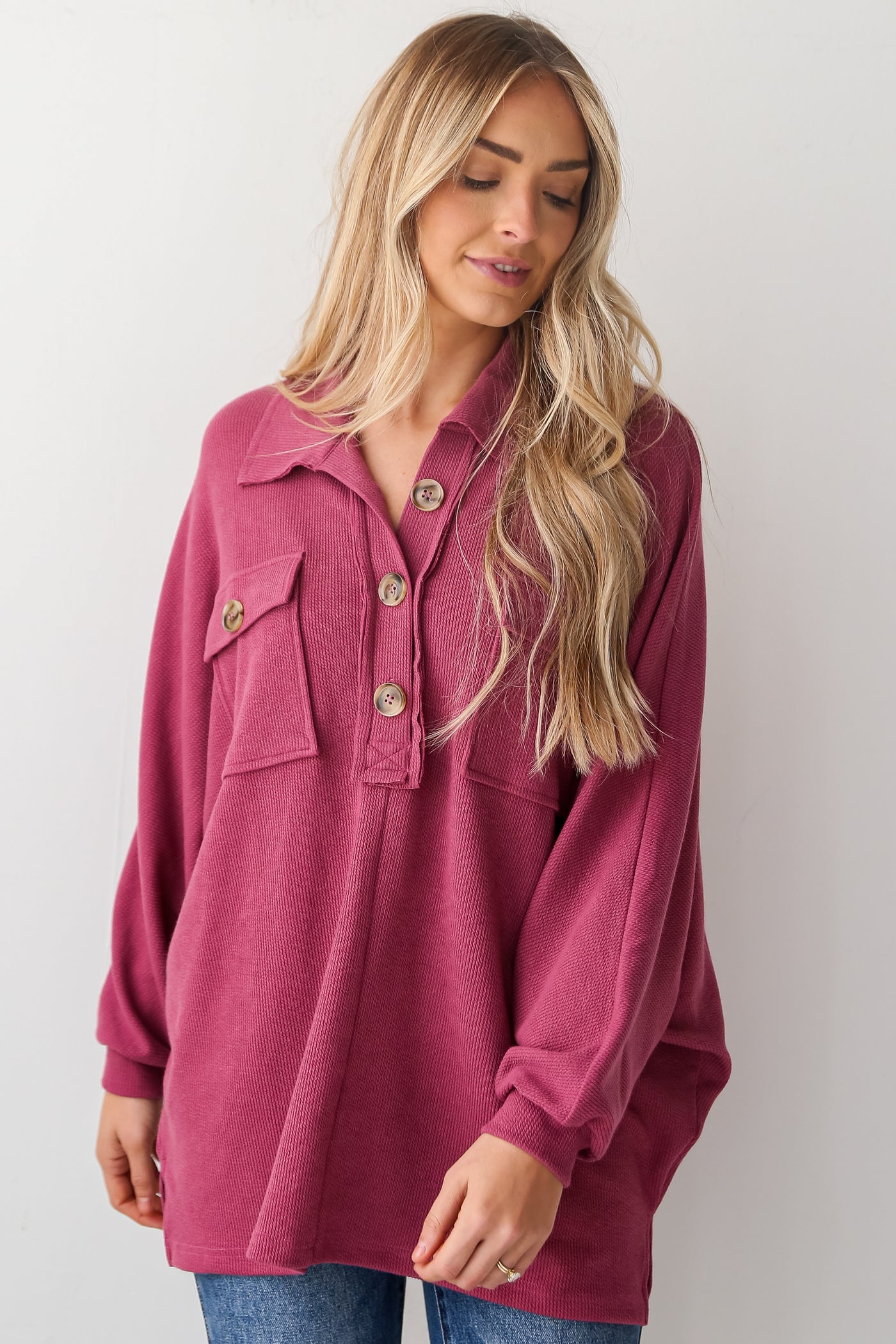 magenta Knit Collared Henley Top front view