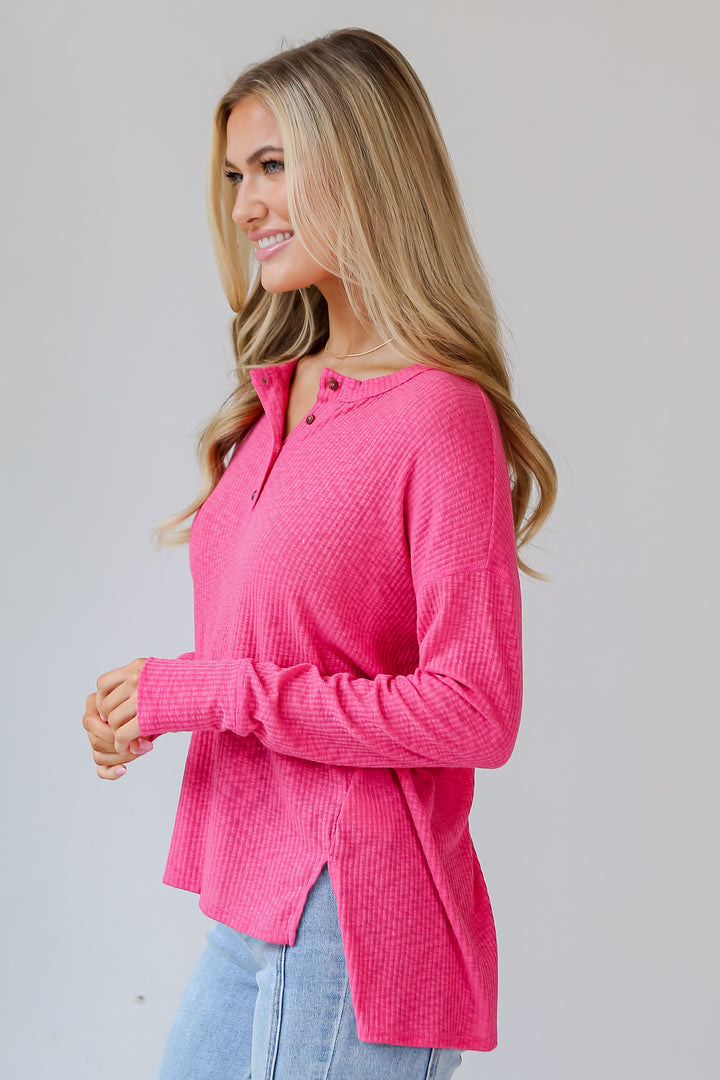 pink Knit Henley Top side view