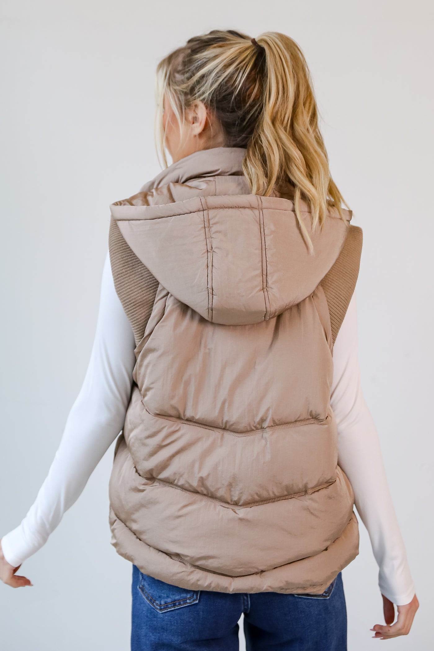 taupe Hooded Puffer Vest for women