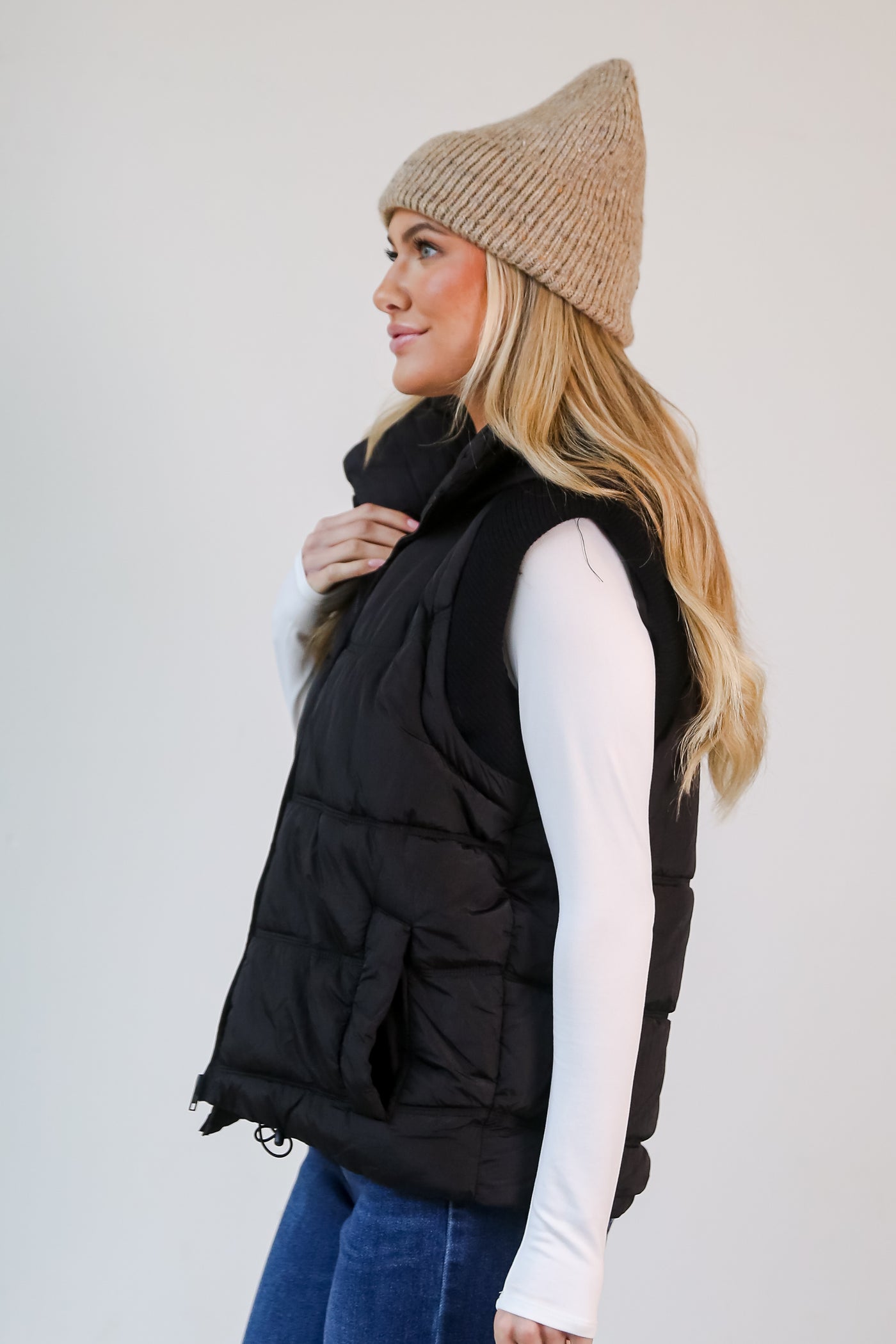 black Hooded Puffer Vest side view
