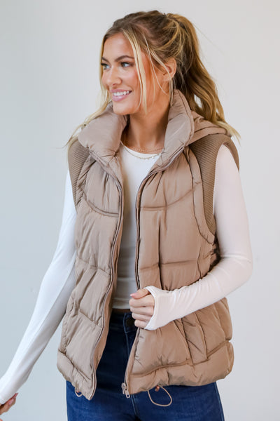 taupe Hooded Puffer Vest front view