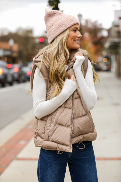 taupe Hooded Puffer Vest