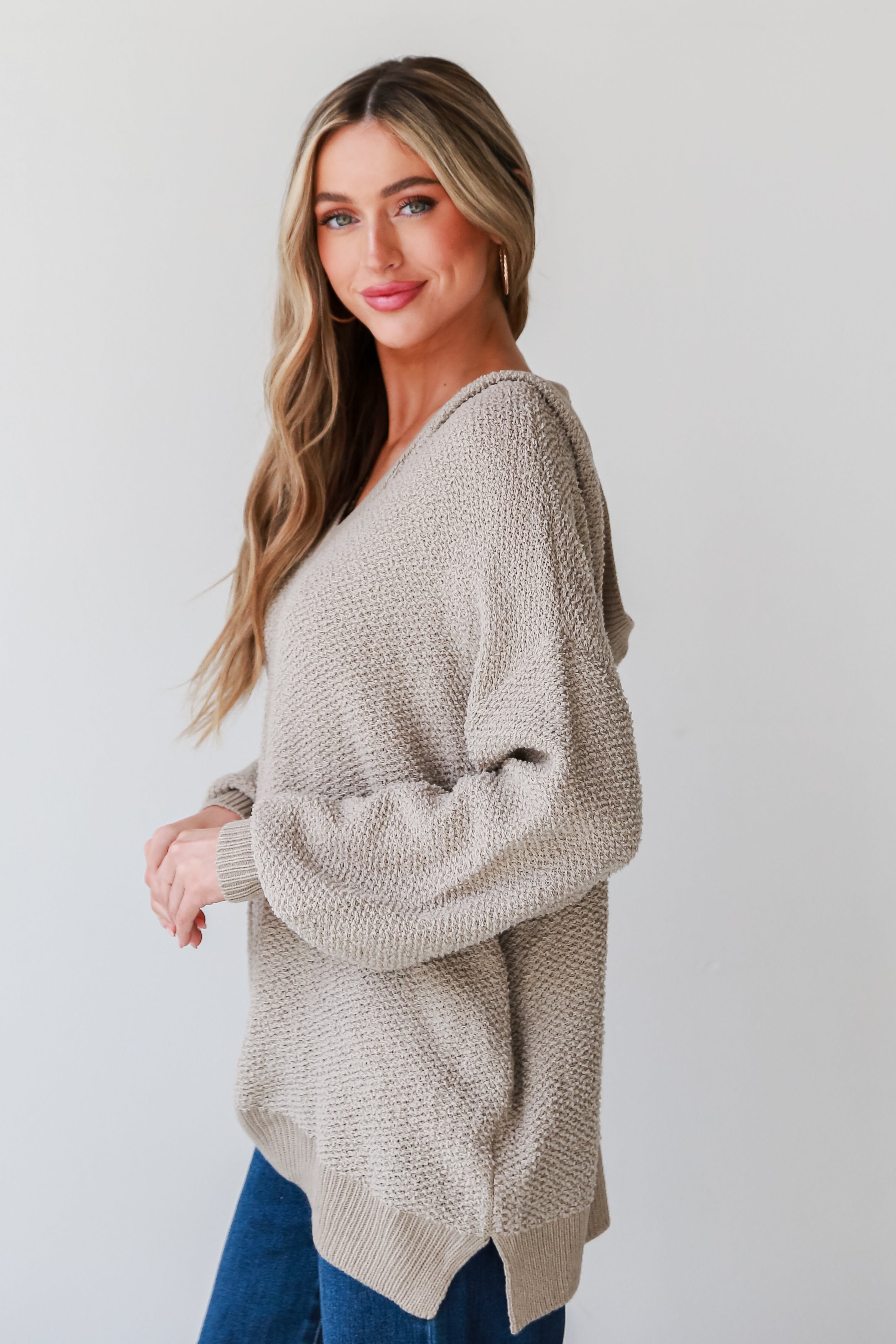 Taupe Hooded Oversized Sweater side view