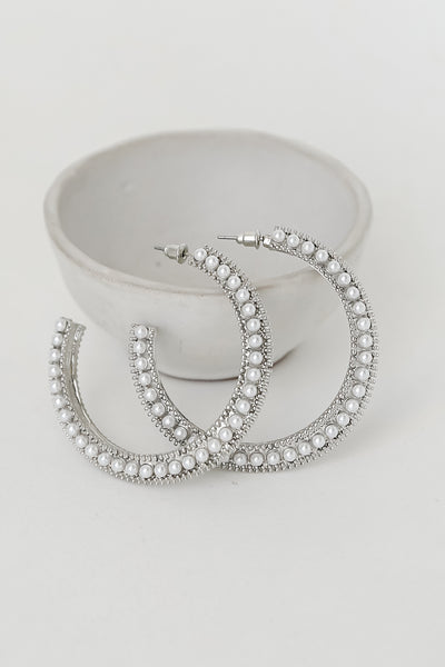 silver Pearl Hoop Earrings flat lay