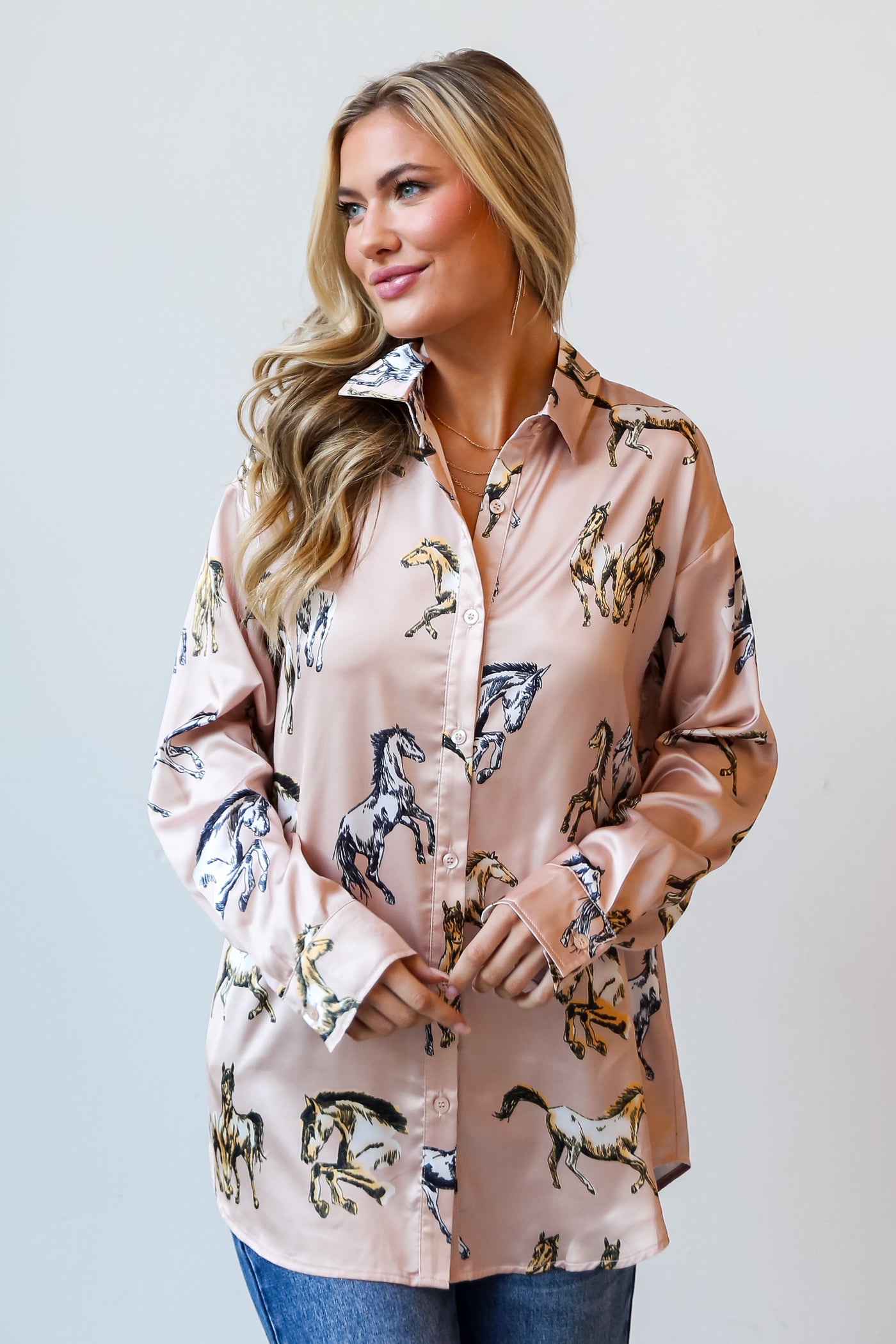 pink satin Button-Up Blouse
