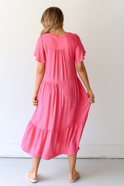 hot pink Tiered Midi Dress back view