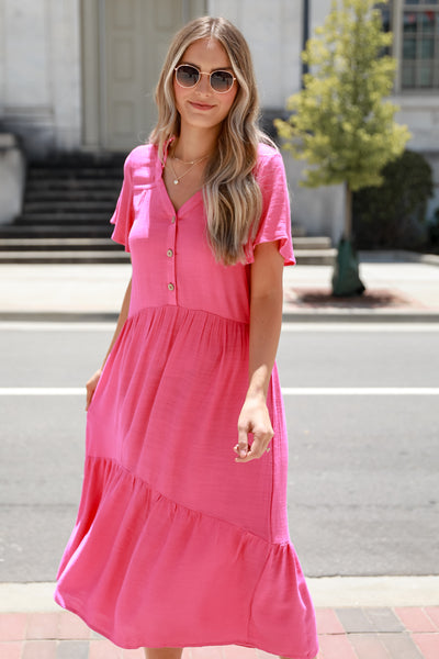 hot pink Tiered Midi Dress on model