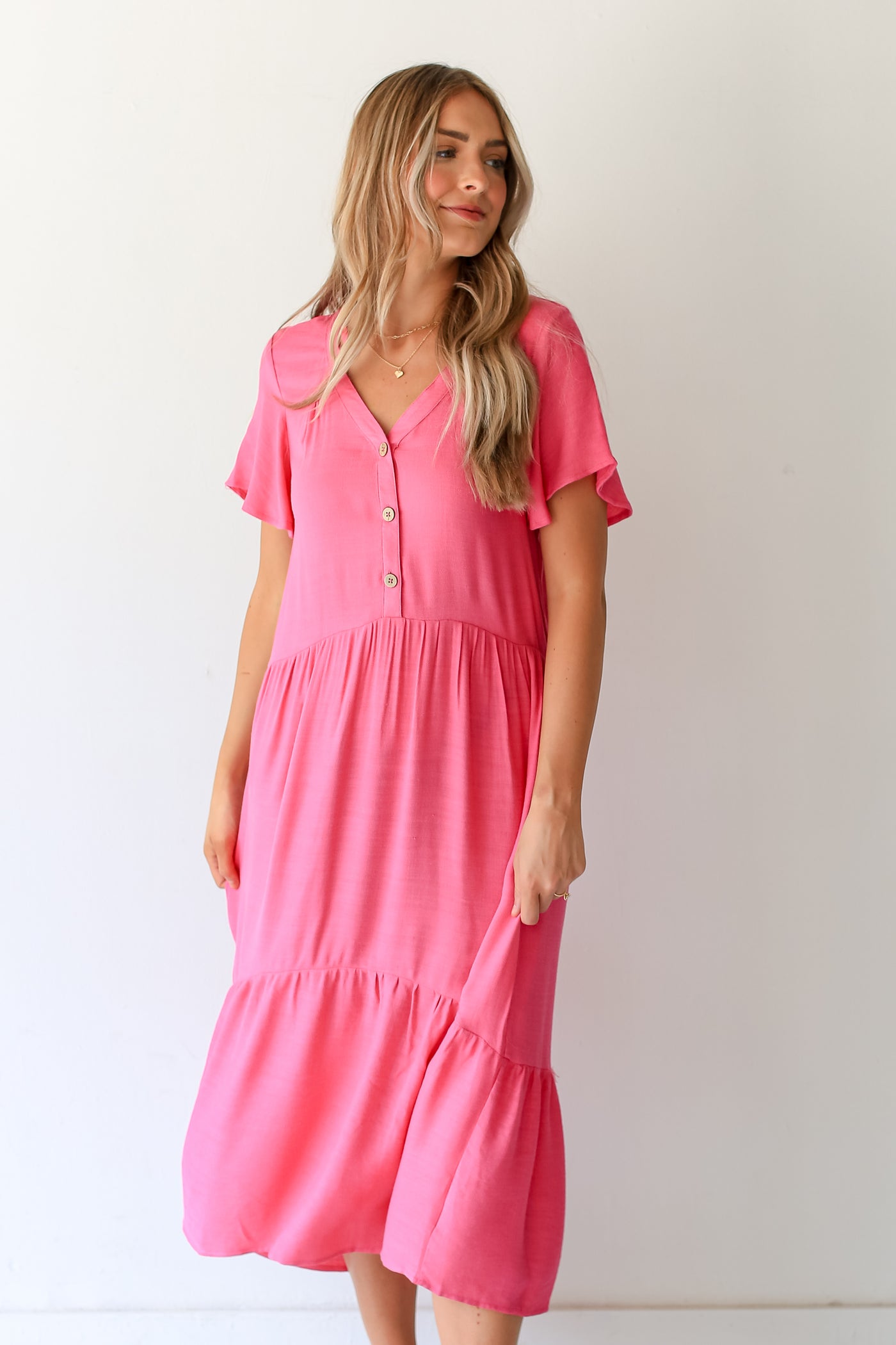 hot pink Tiered Midi Dress on dress up model
