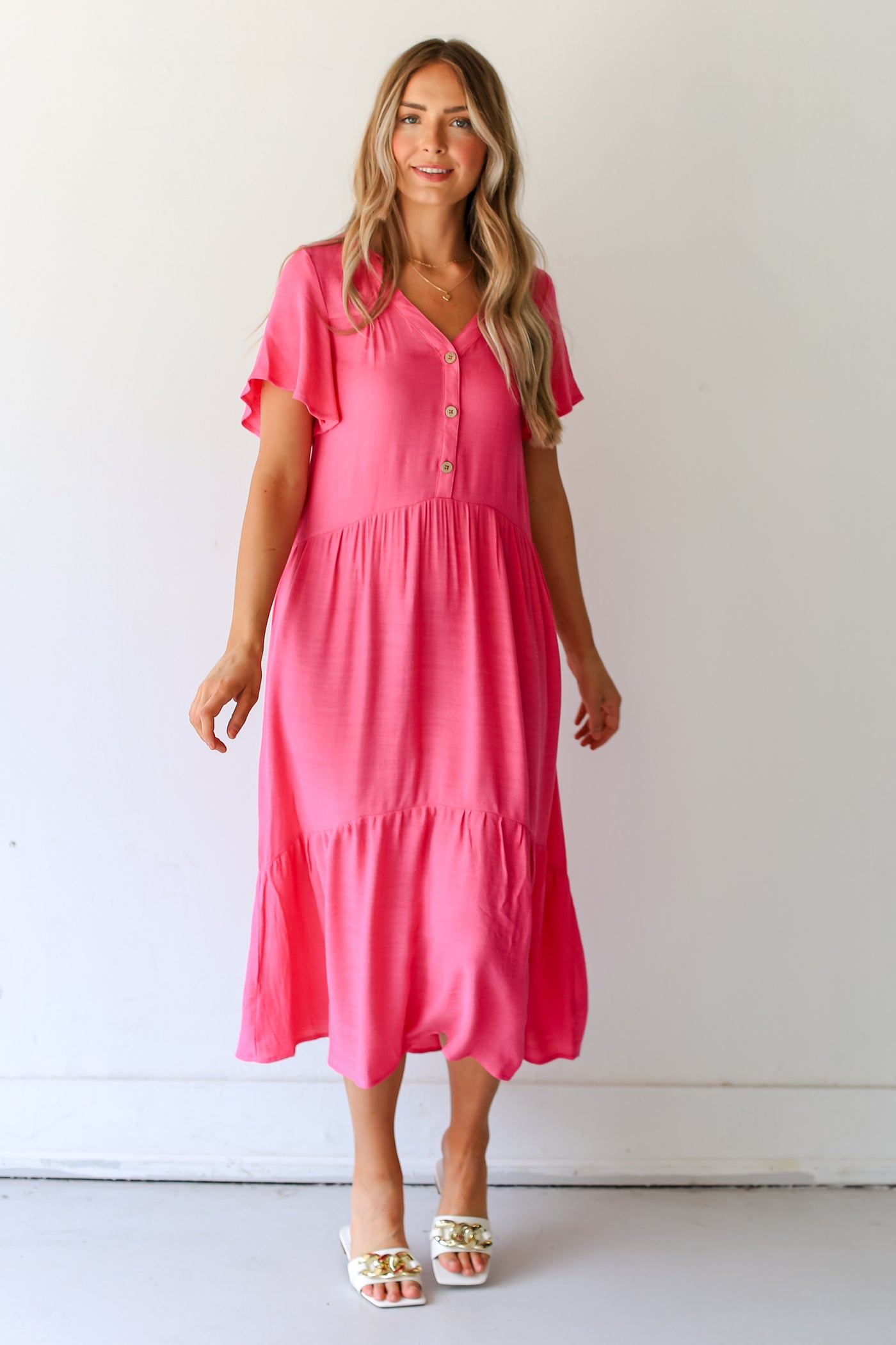 hot pink Tiered Midi Dress front view