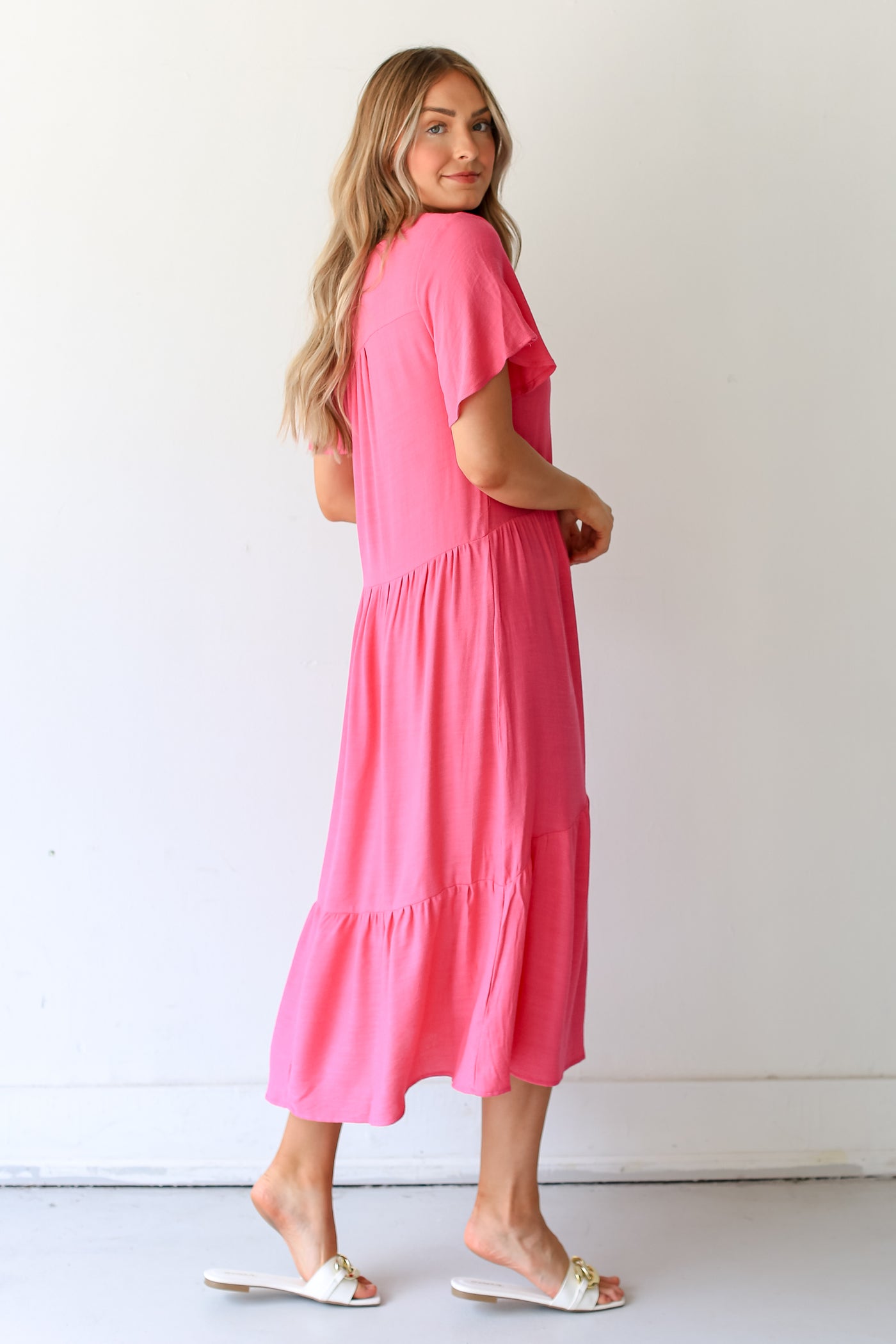 hot pink Tiered Midi Dress side view
