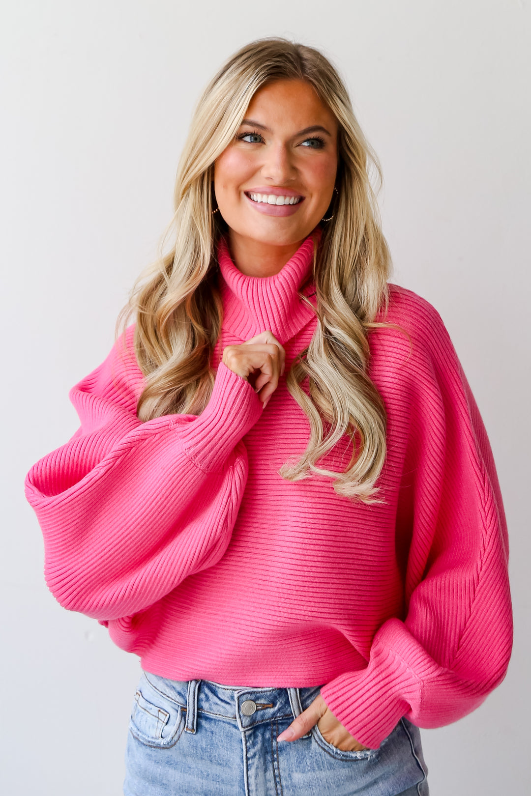 trendy Pink Ribbed Turtleneck Sweater
