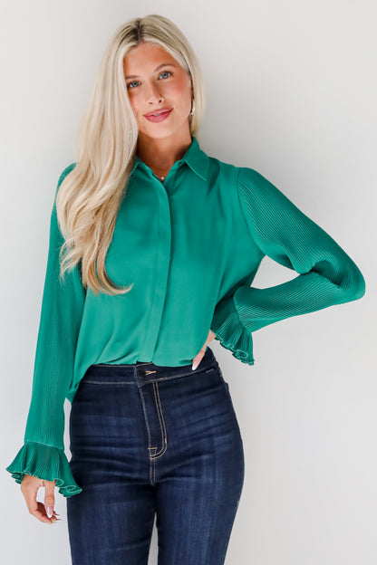 Unbelievable Energy Hunter Green Plisse Blouse