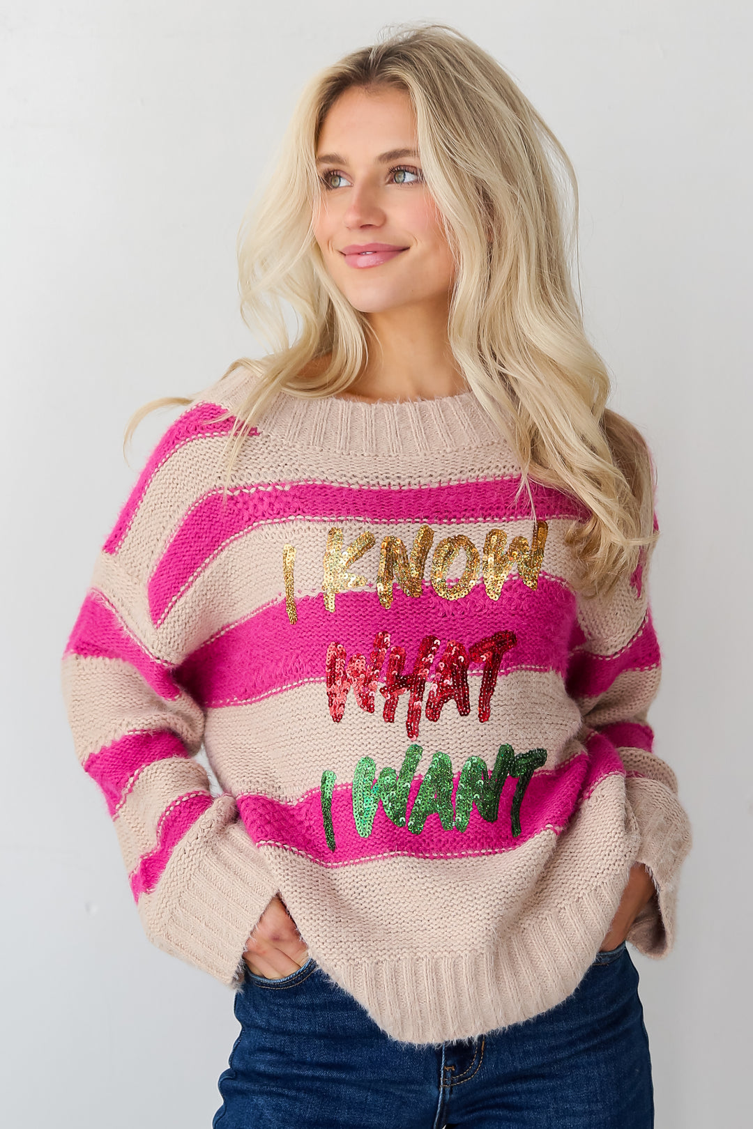 I Know What I Want Pink Striped Sequin Oversized Sweater on model