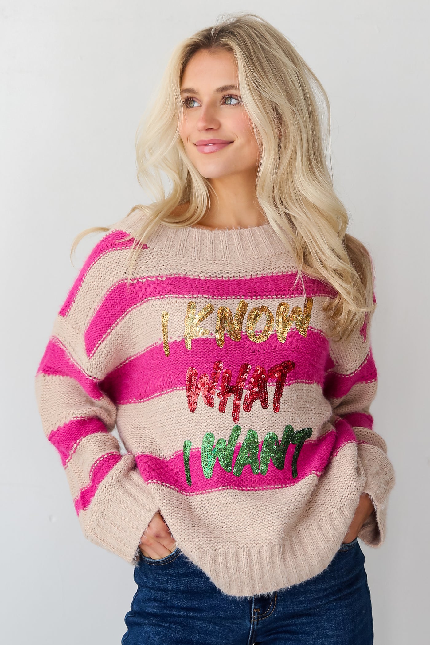 I Know What I Want Pink Striped Sequin Oversized Sweater on model