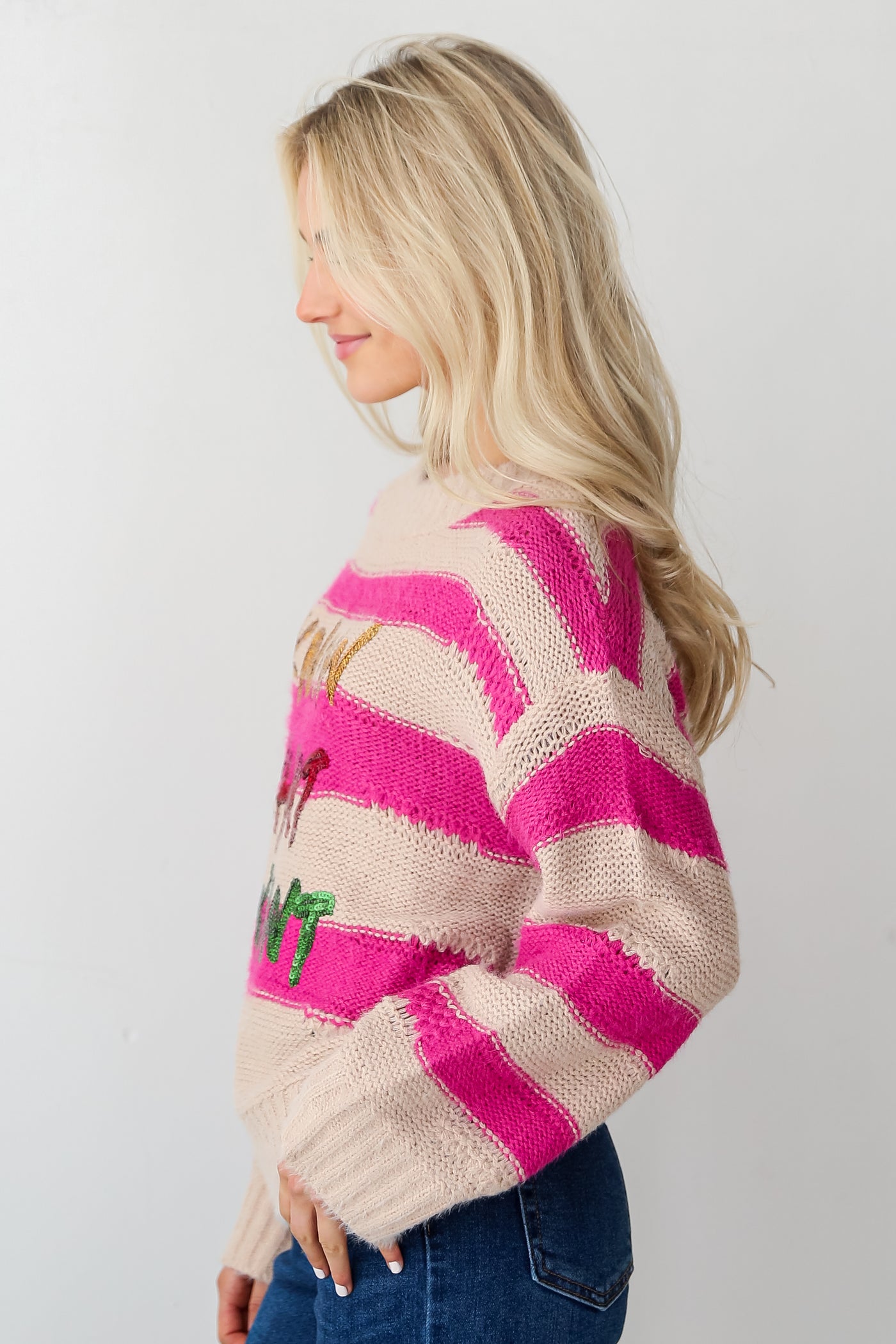 I Know What I Want Pink Striped Sequin Oversized Sweater side view