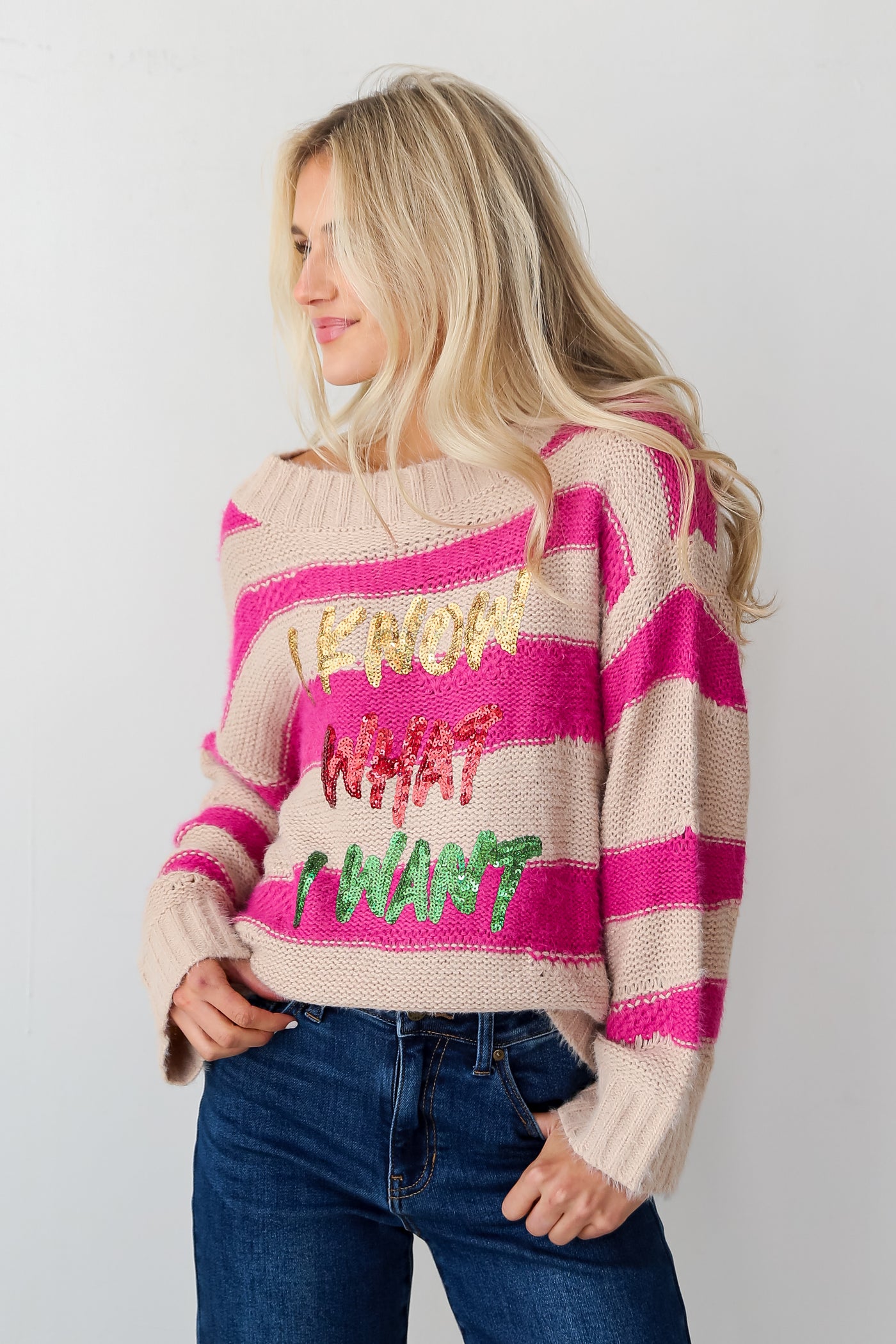 I Know What I Want Pink Striped Sequin Oversized Sweater front view