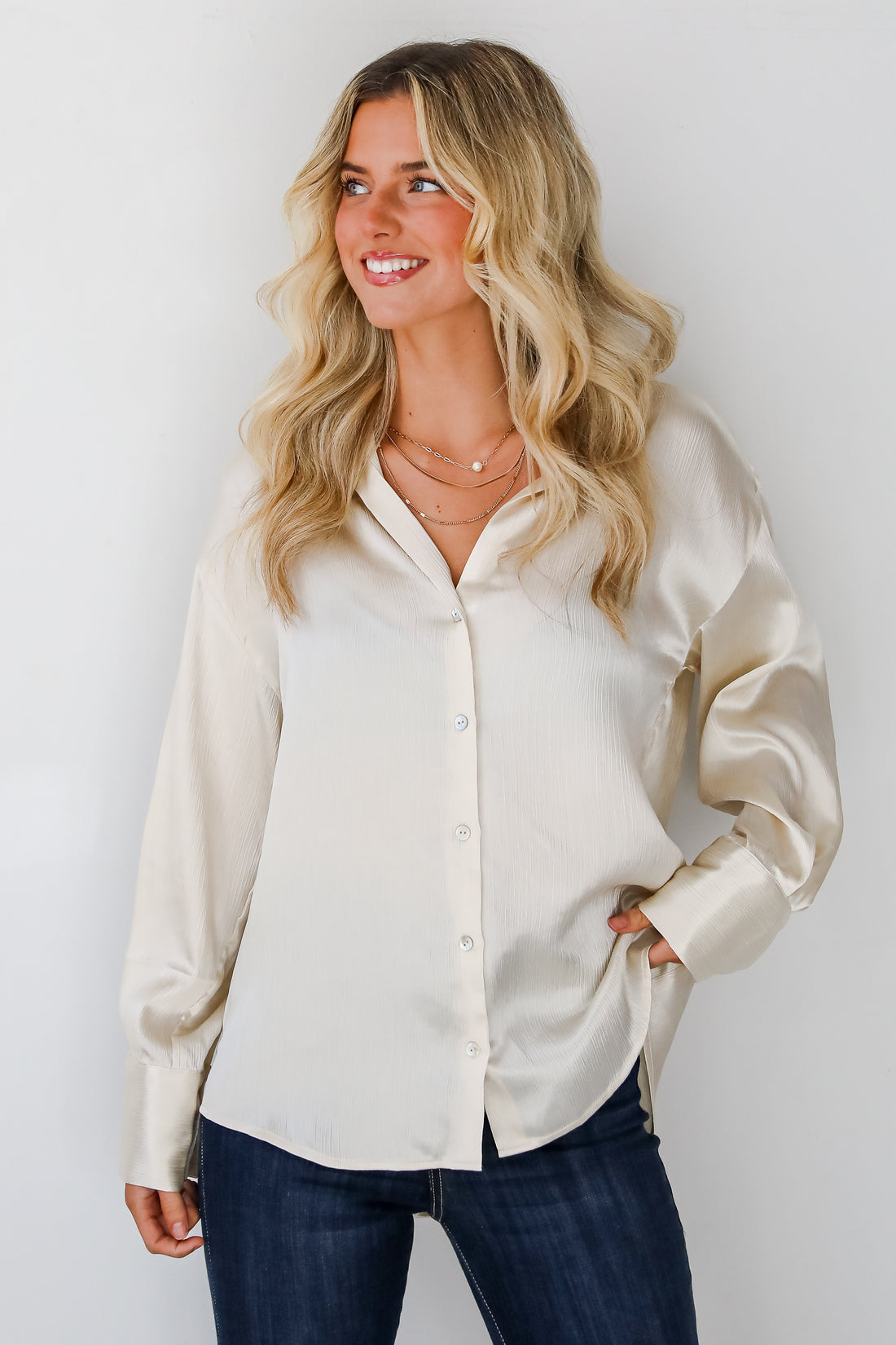 Pristine Luxury Satin Button-Up Blouse