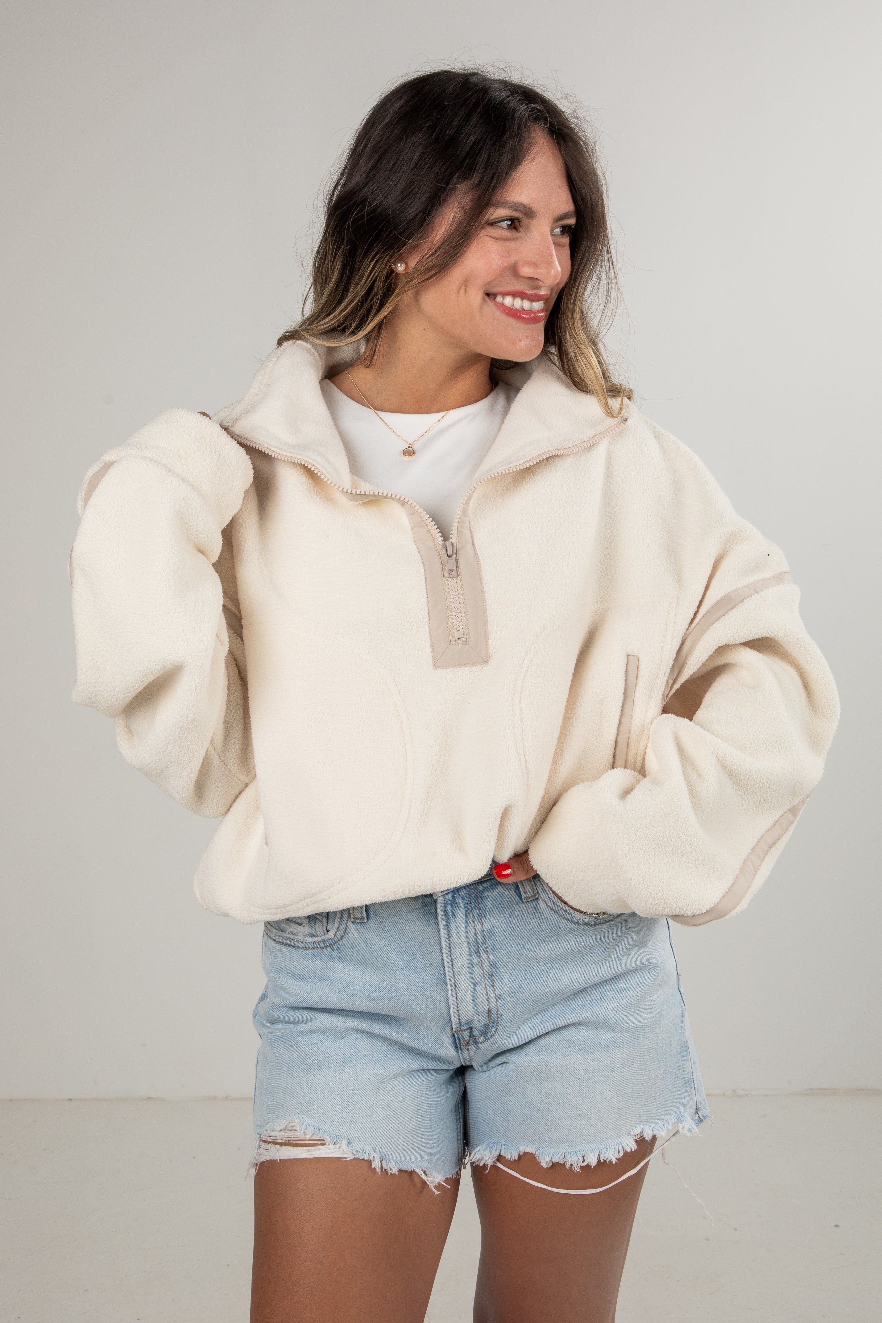 white fleece pullover
