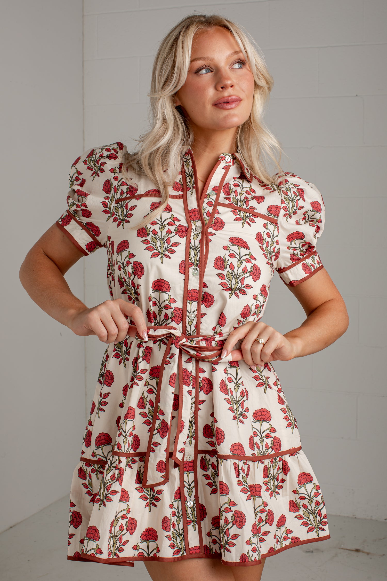 Countryside Charm Ivory Floral Belted Mini Dress