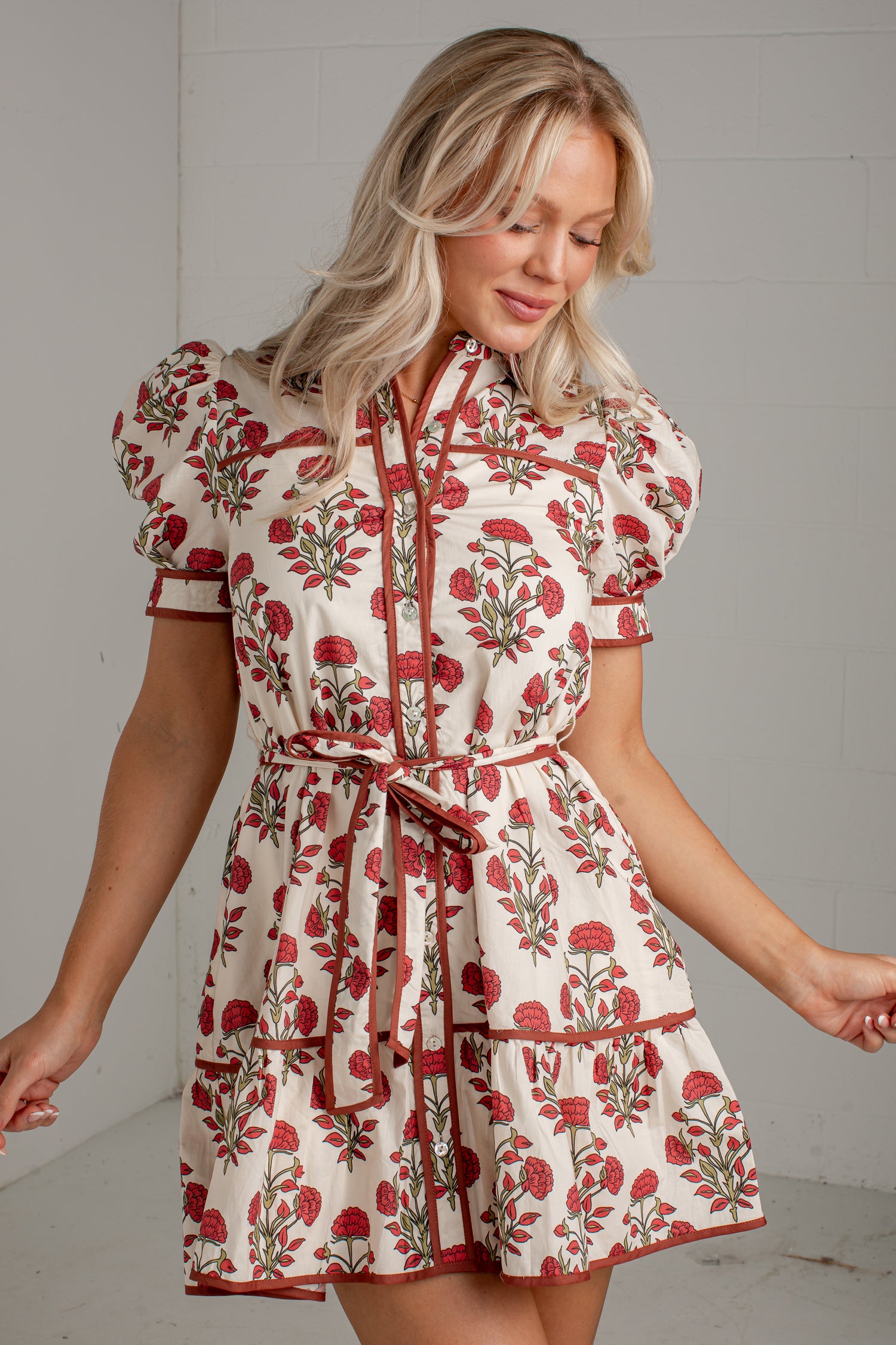 Ivory Floral Belted Mini Dress | Cute Women's Dresses