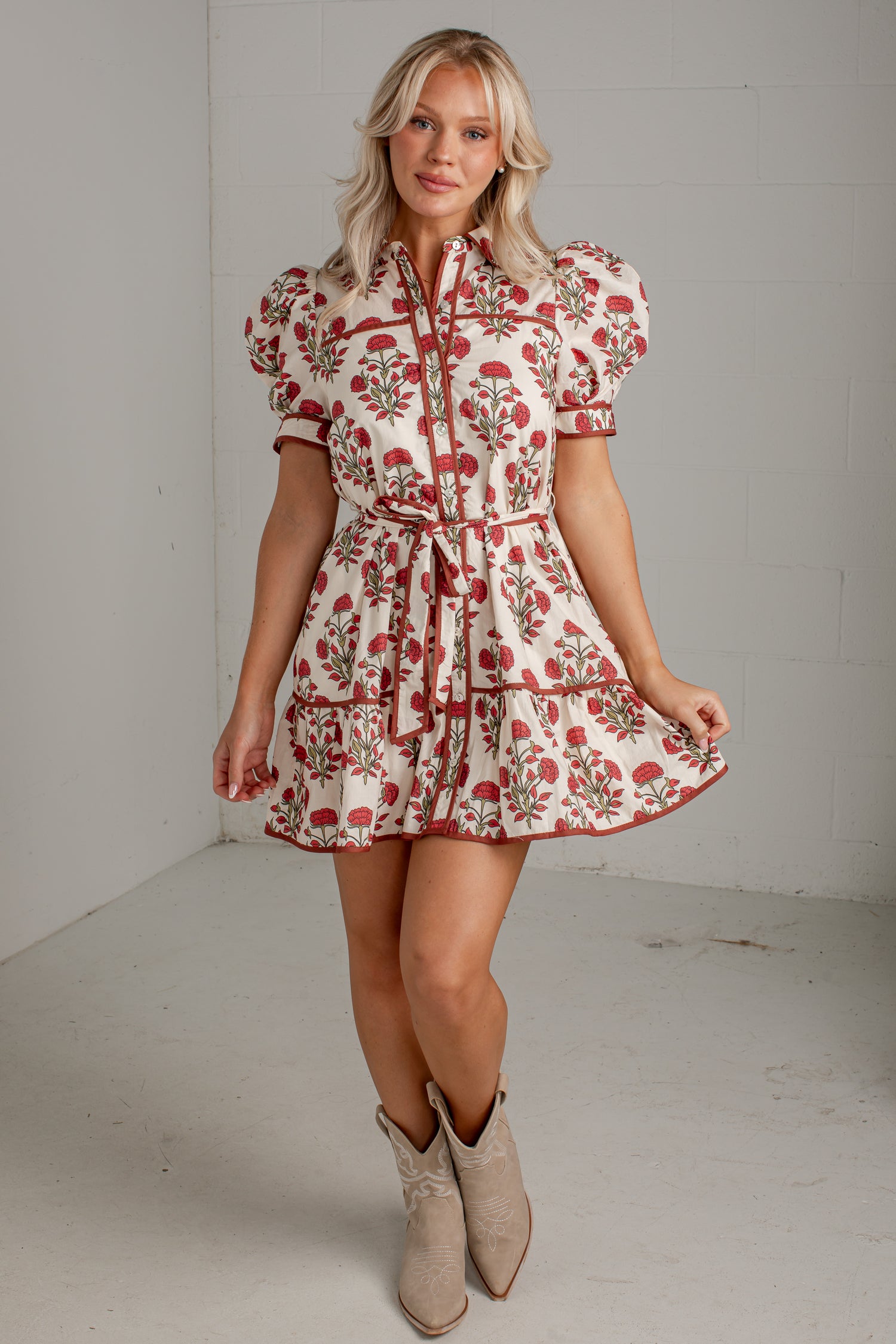 Countryside Charm Ivory Floral Belted Mini Dress