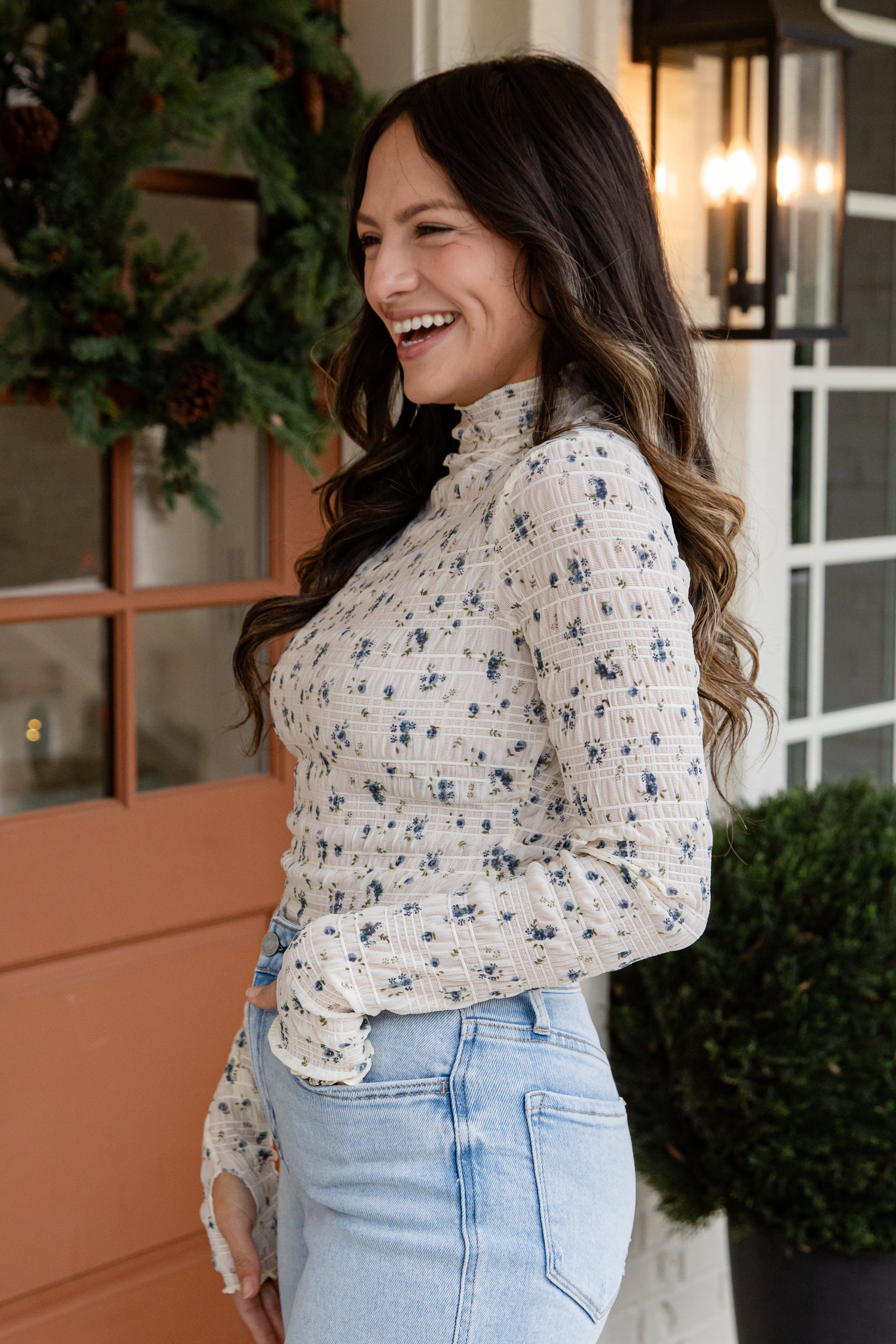 Marlowe Textured Floral Mock Neck Top | Women Holiday Tops | Dress Up