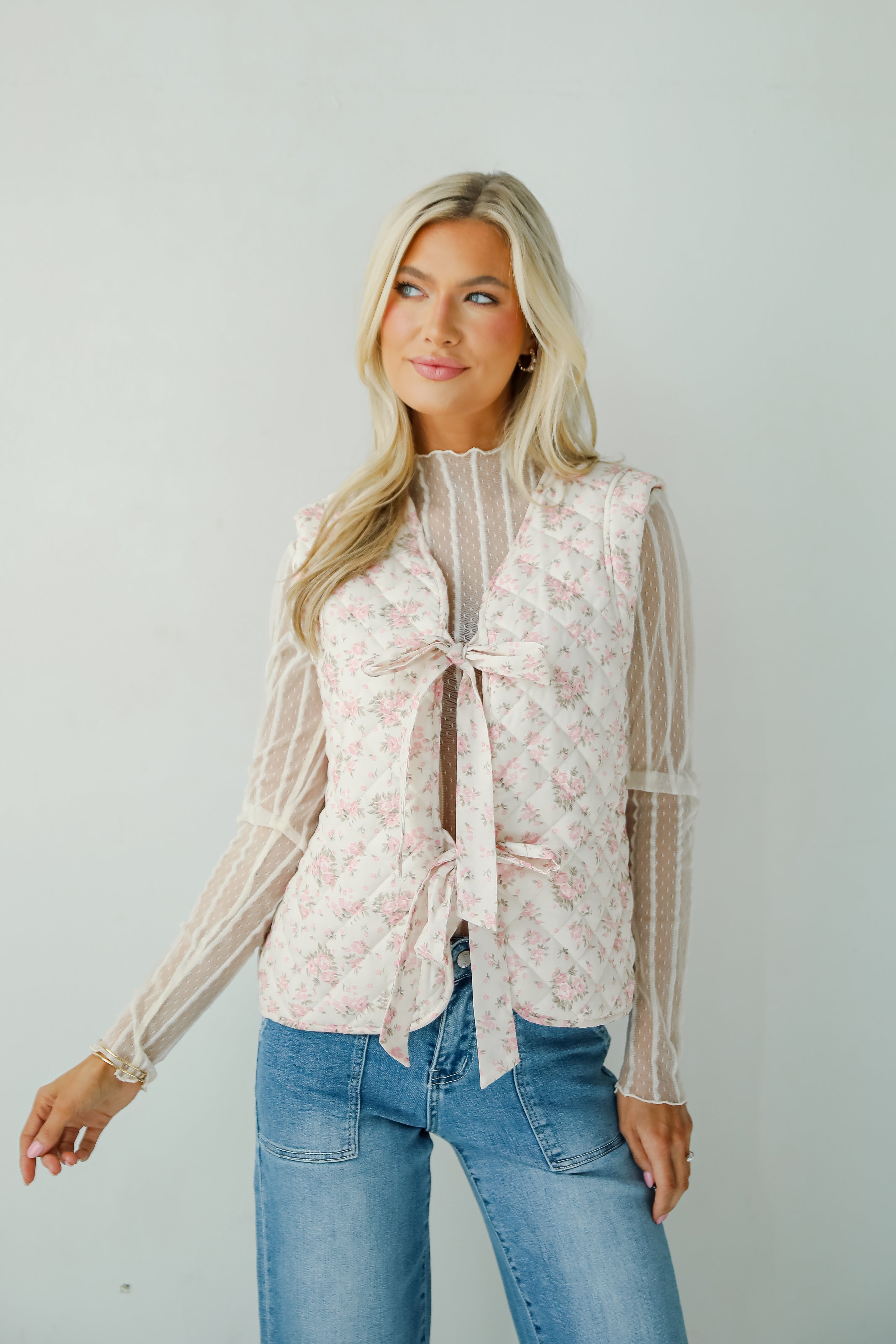 Sincerely Romantic Ivory Floral Quilted Tie Vest