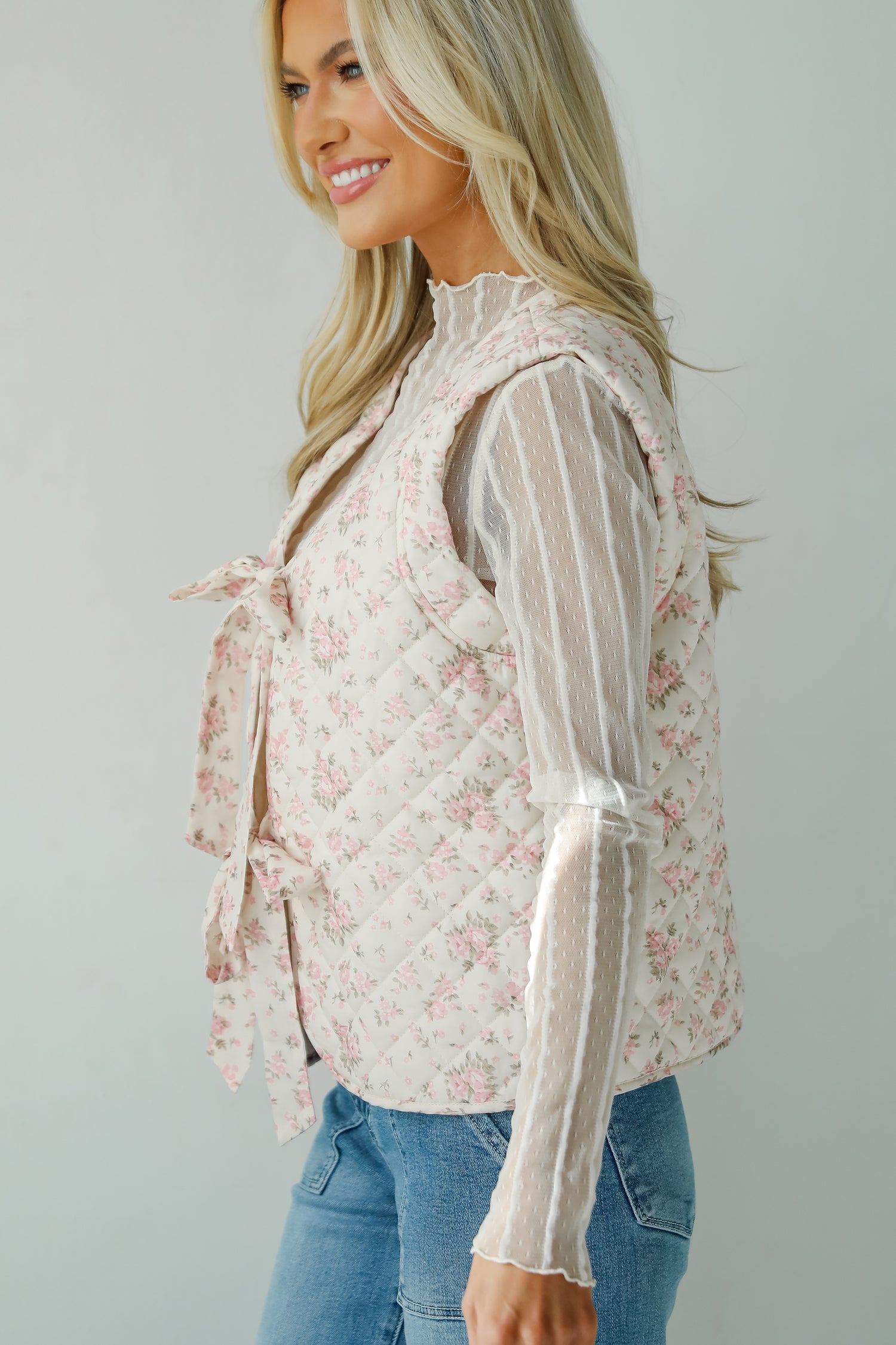 Sincerely Romantic Ivory Floral Quilted Tie Vest