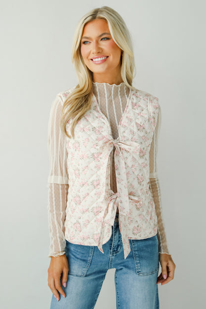 Sincerely Romantic Ivory Floral Quilted Tie Vest