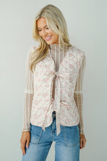 Sincerely Romantic Ivory Floral Quilted Tie Vest