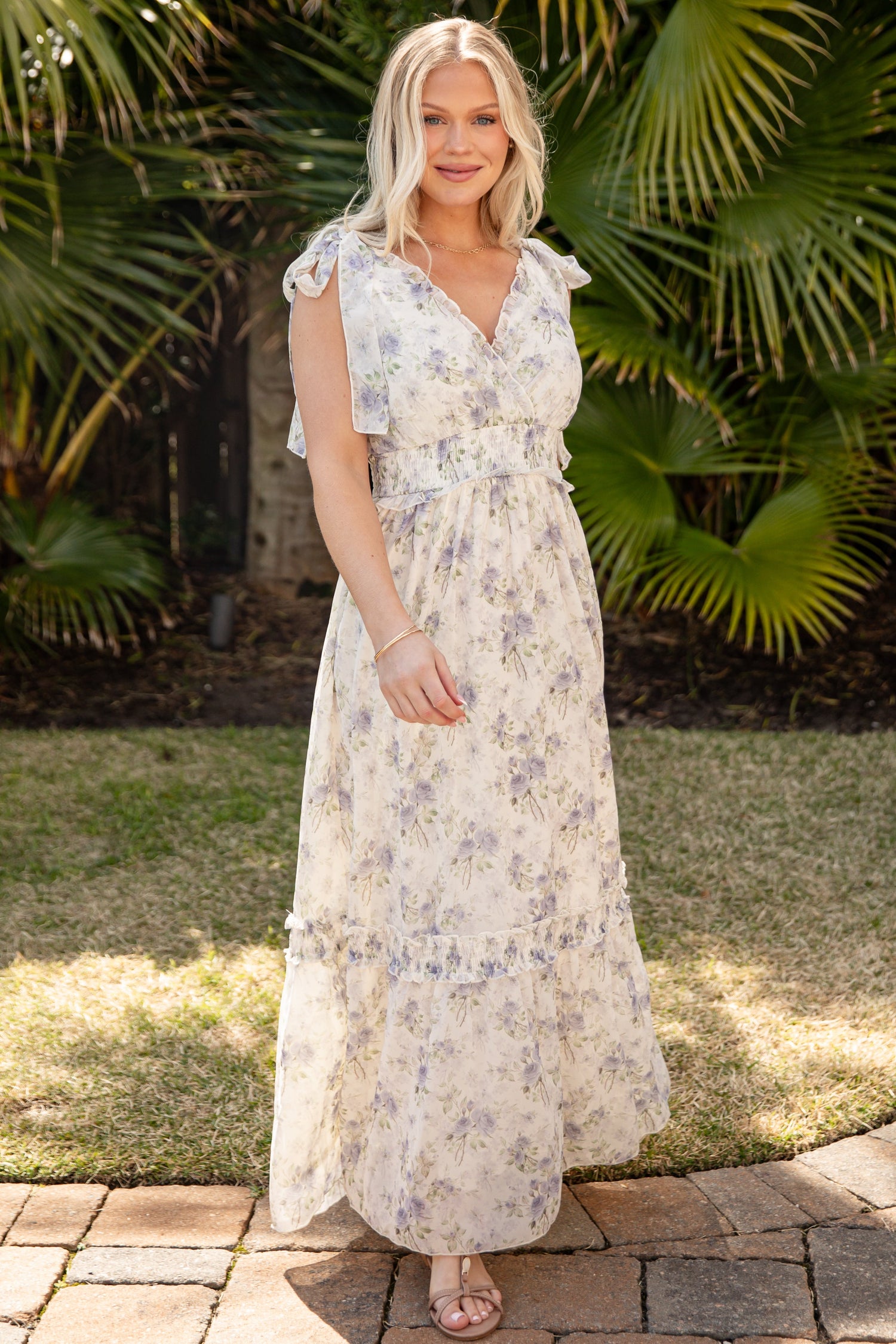 tie strap dress Floral Ivory Tie Strap Maxi Dress | Trendy Women's Clothing