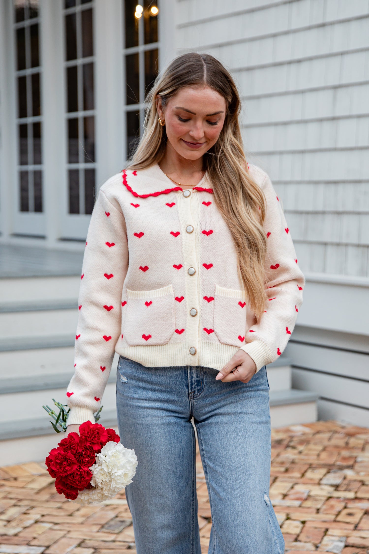 white dress red hearts Cupid’s Crush Heart Sweater Cardigan | Trendy Women's Looks