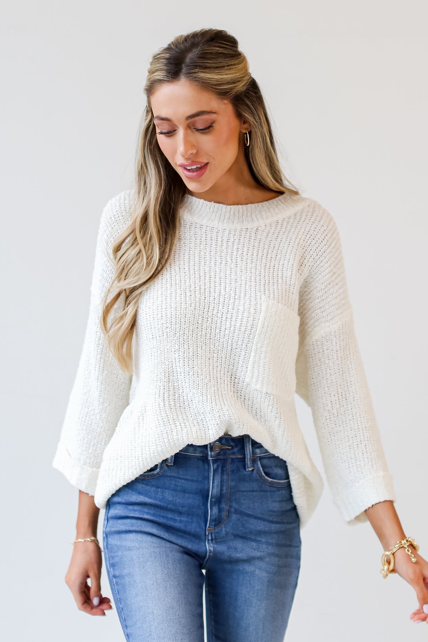white Lightweight Knit Sweater front view